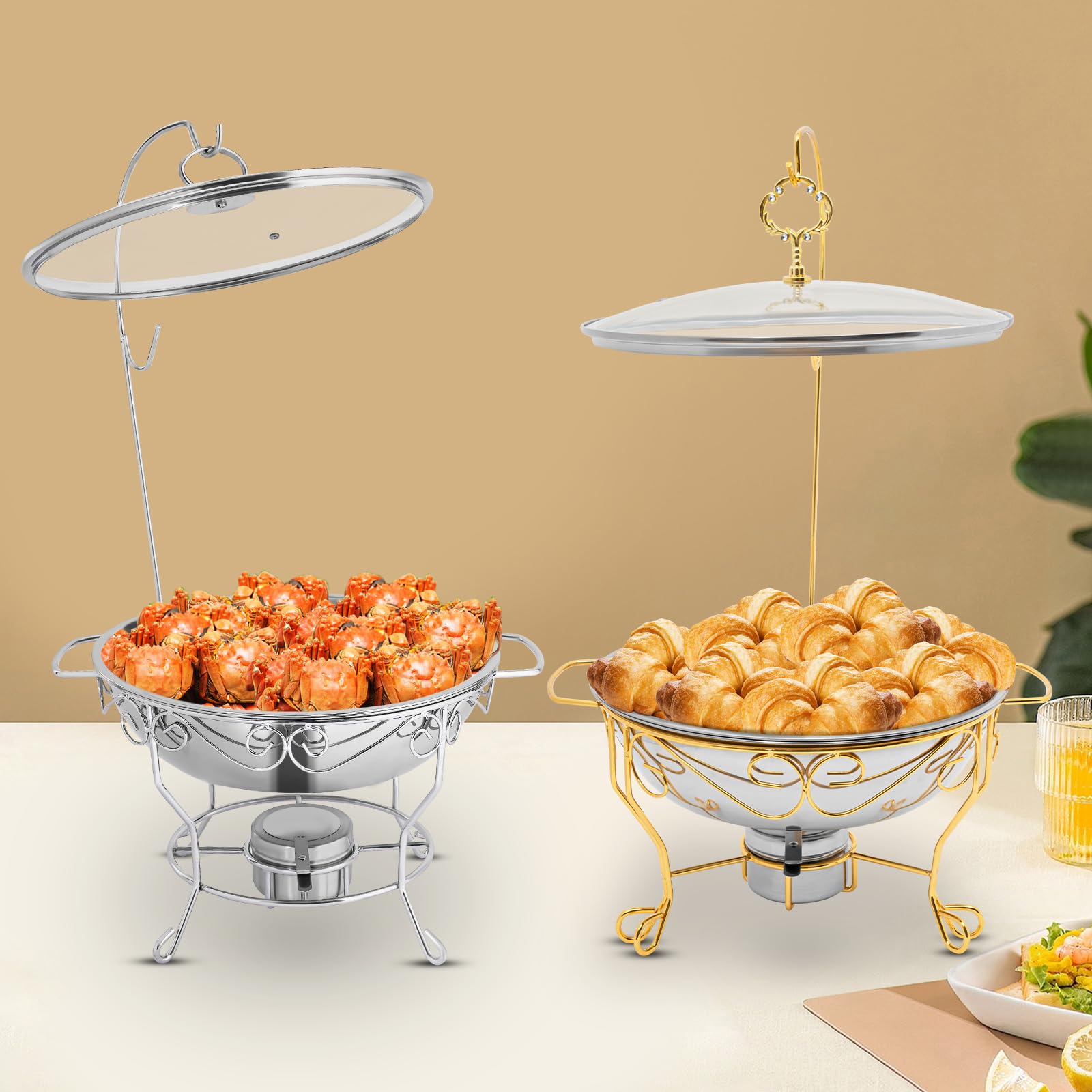 Chafing Dish Buffet Set da 6 l, rotondo con coperchio in vetro, in acciaio inox, contenitore per alimenti, contenitore termico per buffet, per catering buffet party (oro)