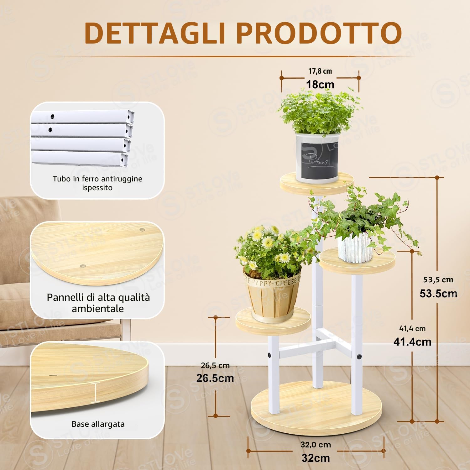 STLOVe® Porta Piante Da Interno, 3 Livelli Supporti Piante, Plant Stands Per Fioriere, Sgabello Per Pianta Rotondo, 32cm Supporto Per Vasi, Mensole All'aperto Giardino/Soggiorno (Pianta Non Inclusi)