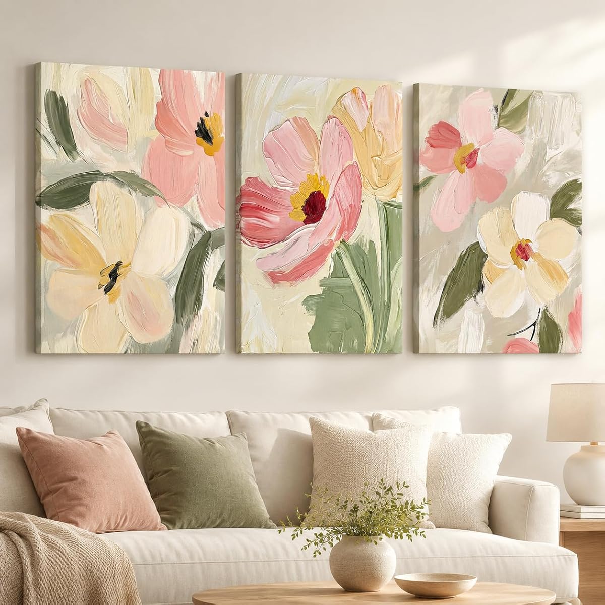 3 Pcs Abstract Floral Canvas Wall Art,Pink Flowers Picture Wall Decor | Impressionistic Morandi Color Poster Print Artwork, for Living Room Bathroom Bedroom Home Decoration,16x24in,Unframed