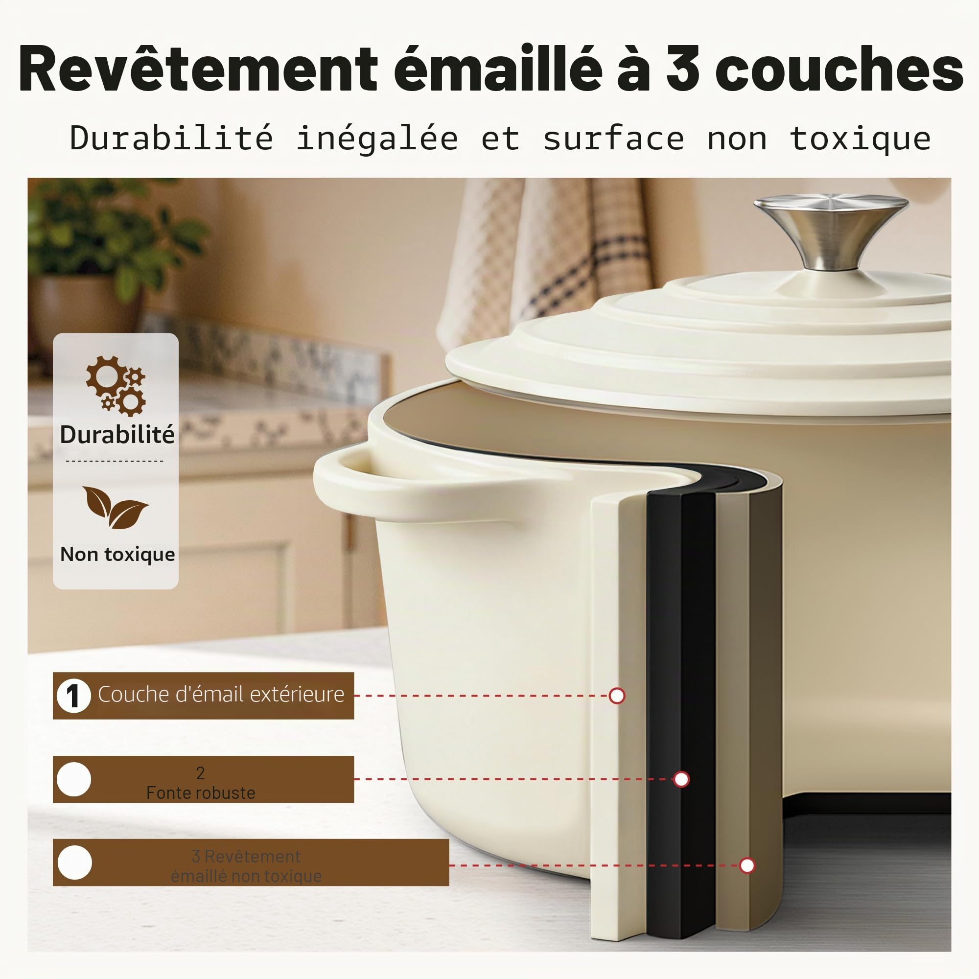 Kitchen Academy Lot de 7 Casseroles en Fonte émaillée Induction Beige Casseroles et Poêles Antiadhésif, Cocotte Fonte Émaillée avec Couvercle non Toxique Batterie de Cuisine Tous Feux