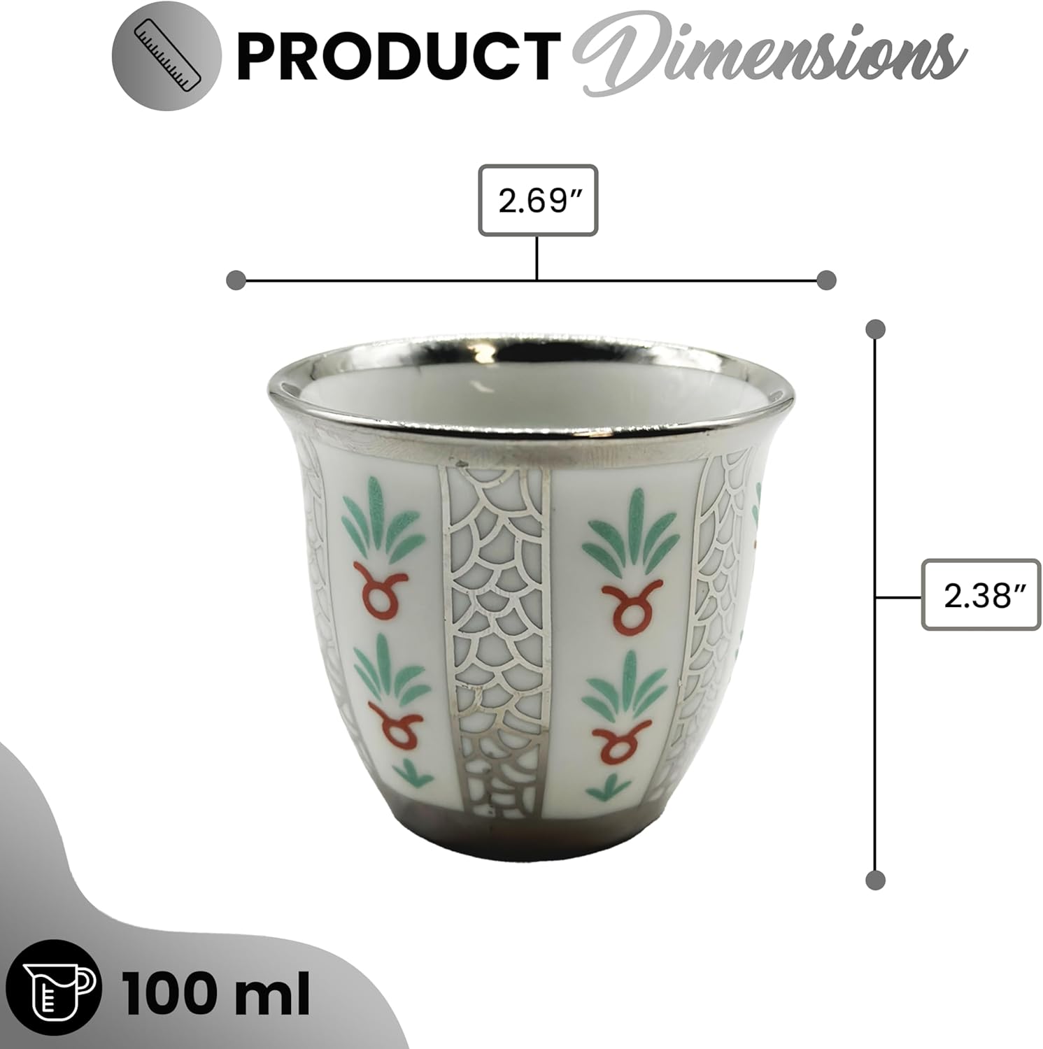 Generic Premium Porcelain Arabic Coffee Cup Set 100ml - Sleek Silver Trim - Gift/Party Set (100ml, 6, Count)