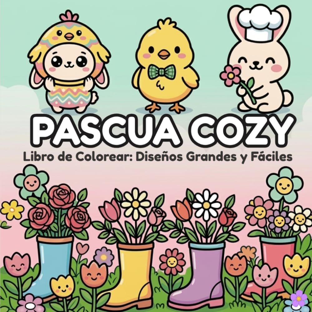 Pascua Cozy Libro de Colorear: Diseños Grandes y Fáciles: Líneas Gruesas para Niños y Adultos - 50+ Dibujos Sencillos de Primavera, Conejitos y Huevos ... y Aliviar el Estrés (8.5 x 8.5 Pulgadas)