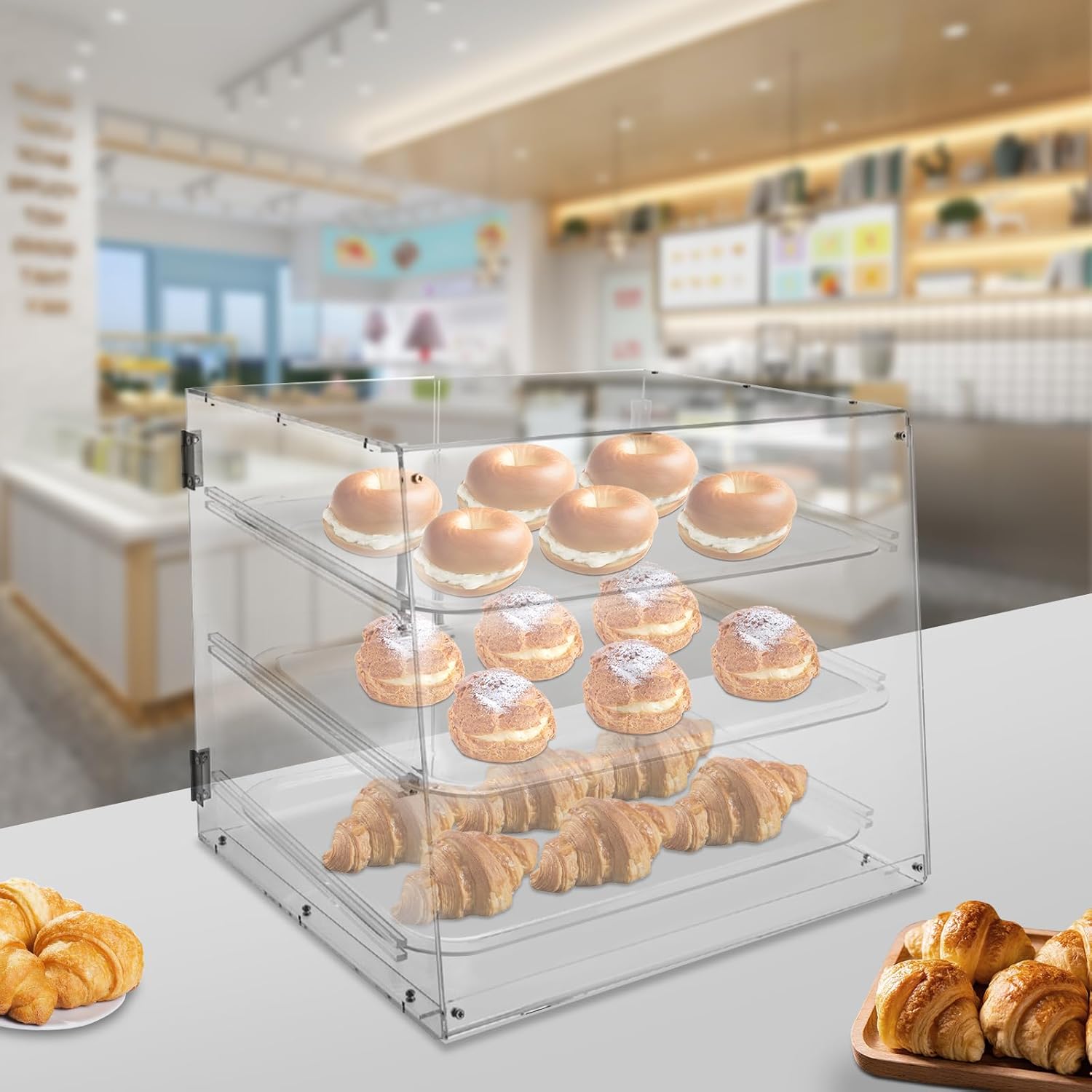 Pastry Display Case, 3 Tier Commercial Acrylic Clear Donut Display Canbinet with Magnetic Rear Door, Bakery Display Case, Countertop Bakery Dessert Display Case for Bakeries, Coffee Shops
