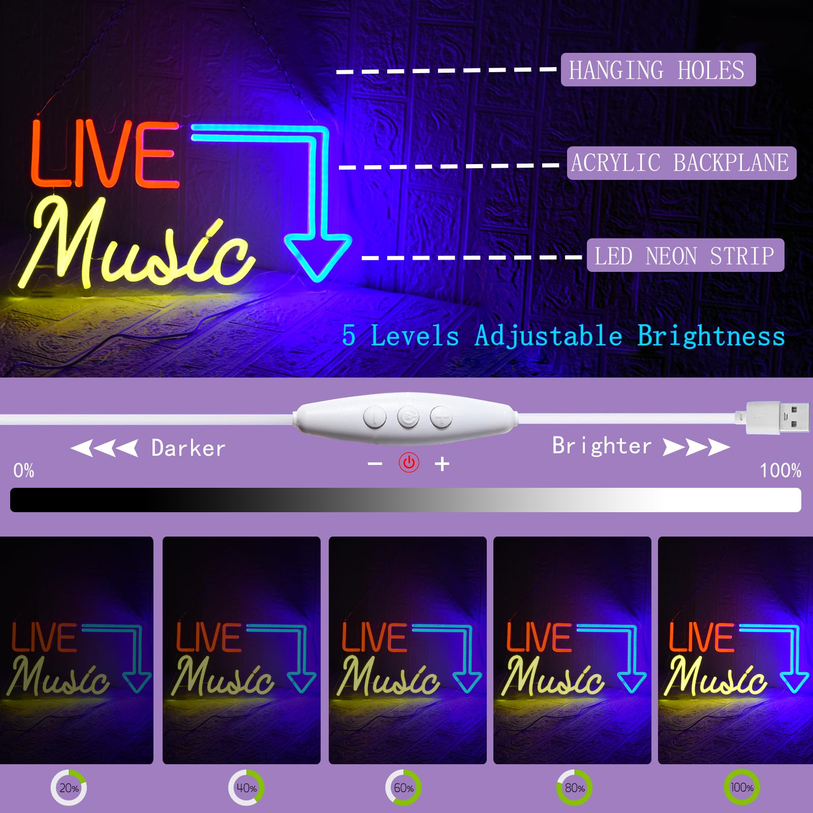 UExnkj-Y Live Music Neon Sign Music Neon Light with Dimmable Switch USB Powered Letters Neon Sign Lighting Sign for Bar Music Stadium Nightclub Party - Image 3
