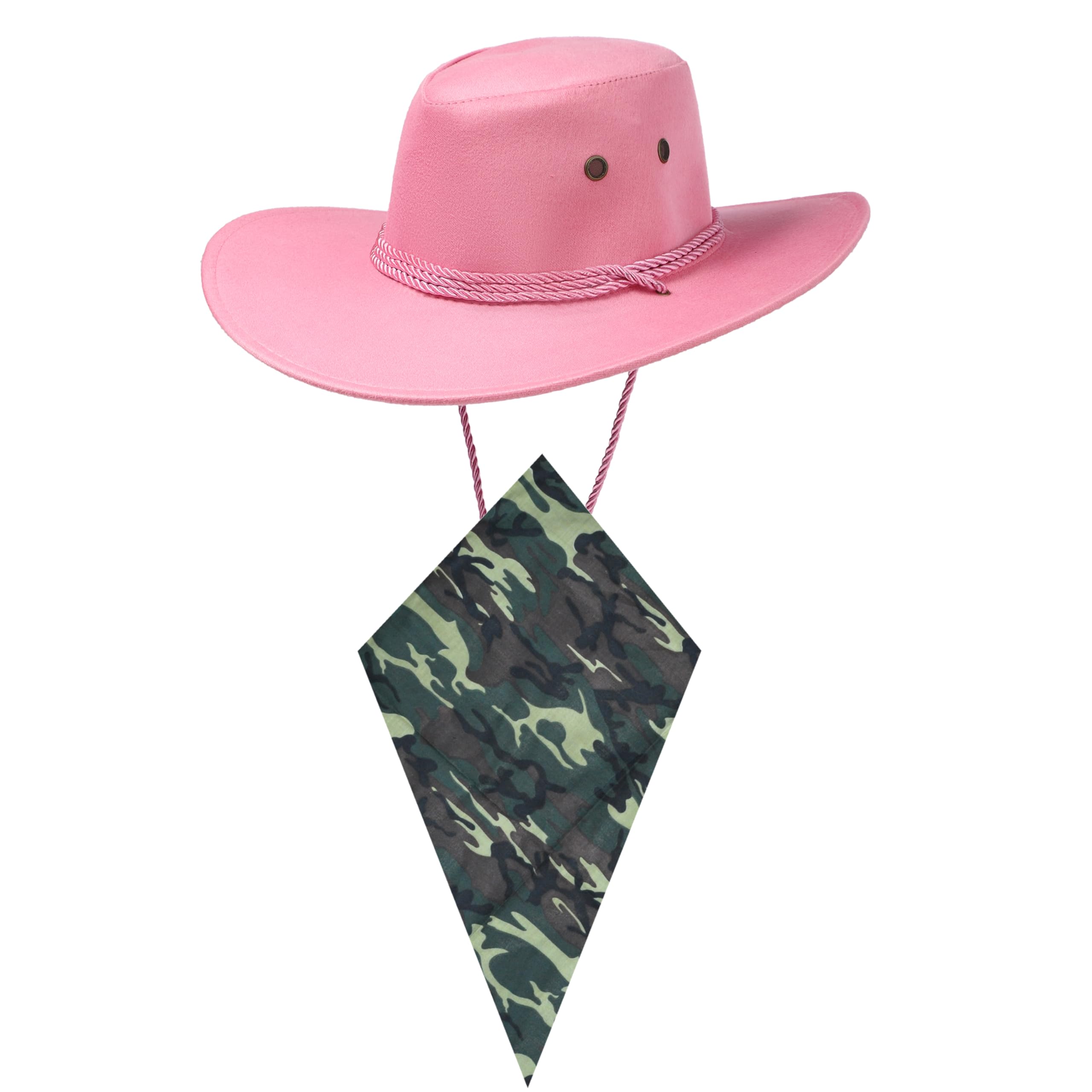 Pink Cowboy Hat and Camo Bandana Western Sun Cap Faux Felt Leather Suede Fancy Dress Party Costume Outfit Neckscarf Sun Protection Mens Womens