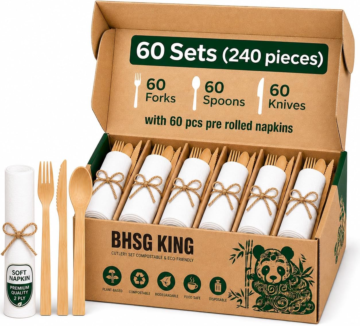 Premium Pre-Rolled Bamboo Cutlery | Wooden Cutlery 240 PCS Disposable Wrapped Utensils with Napkins, Includes 60 Forks, Knives & Spoons, Natural Wooden Silverware for Weddings, Catering & Event