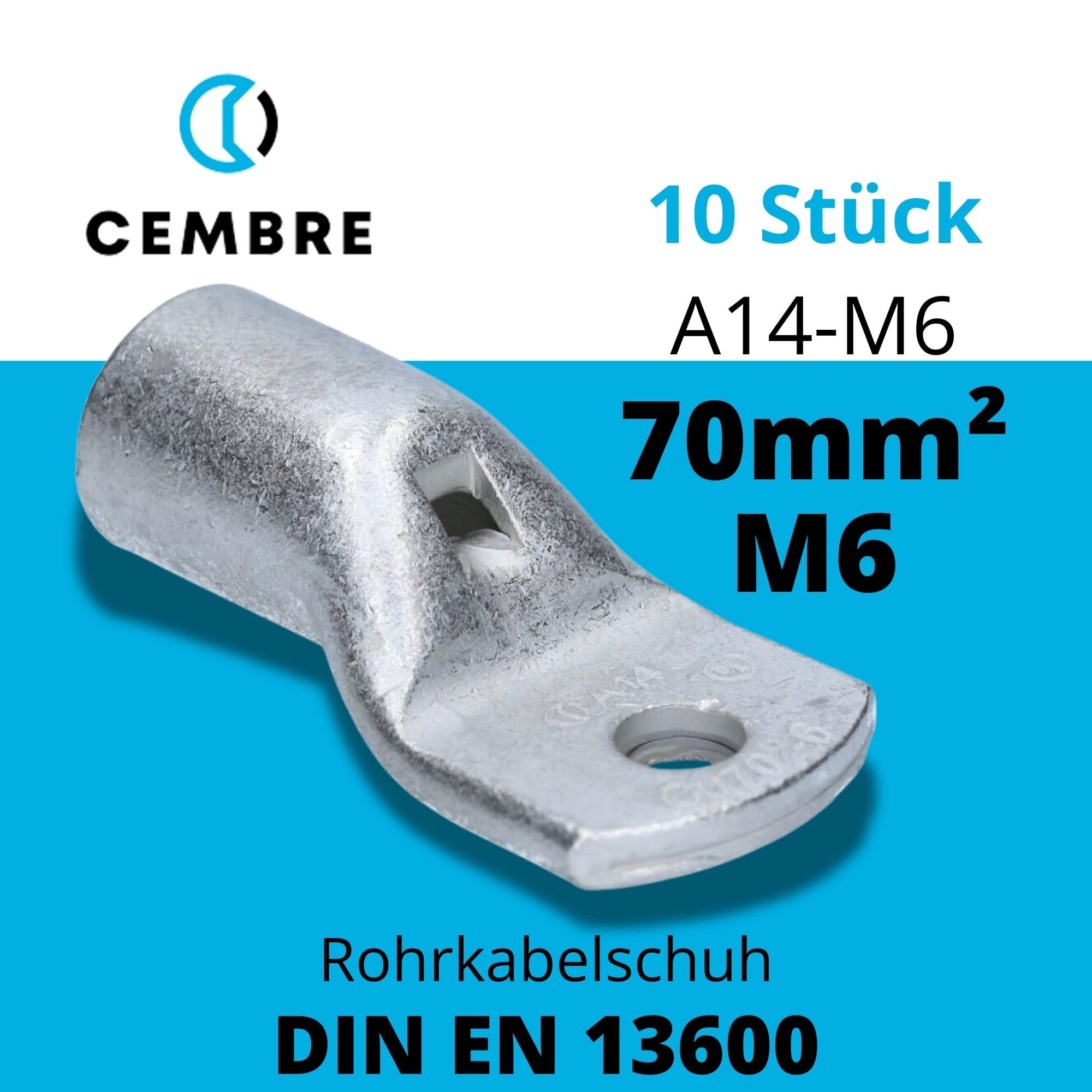 Cembre A14-M6-10 Terminales de Cable 70 mm² M6 de Cobre Estañado | Ojetes tubulares sin aislamiento para crimpado en coche, camión y barco. Conexión segura según norma DIN EN 13600.