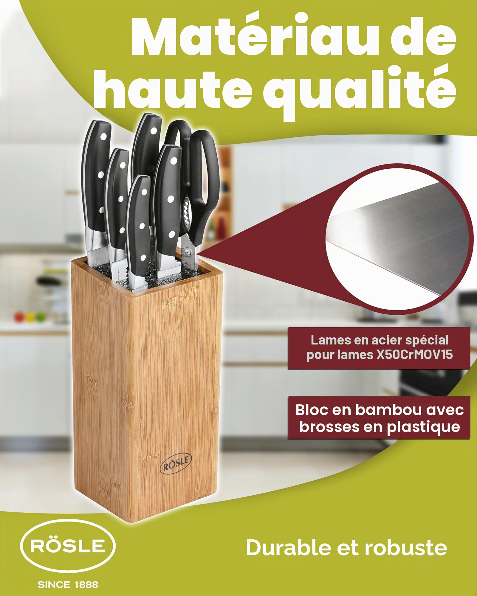 RÖSLE CUISINE Bloc Range Couteaux avec Insert en Brosse - Porte-Couteaux en Bambou avec 5 Couteaux et Ciseaux - Lames en Acier Spécial - Protège-Doigts - 7 Pièces en Tout