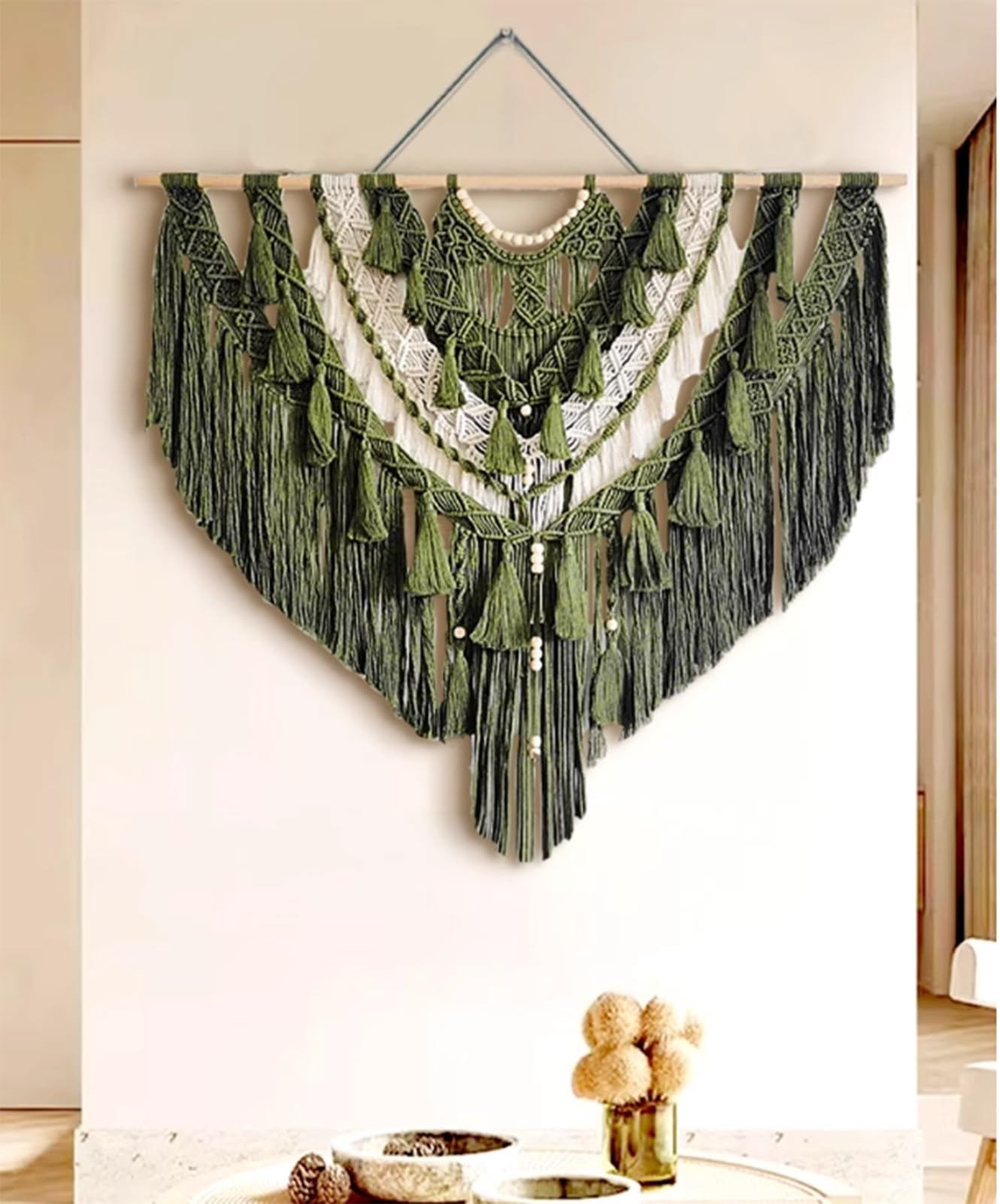 Tapiz de pared de macramé tejido hecho a mano con cuentas, decoración de pared bohemia verde oliva y crema