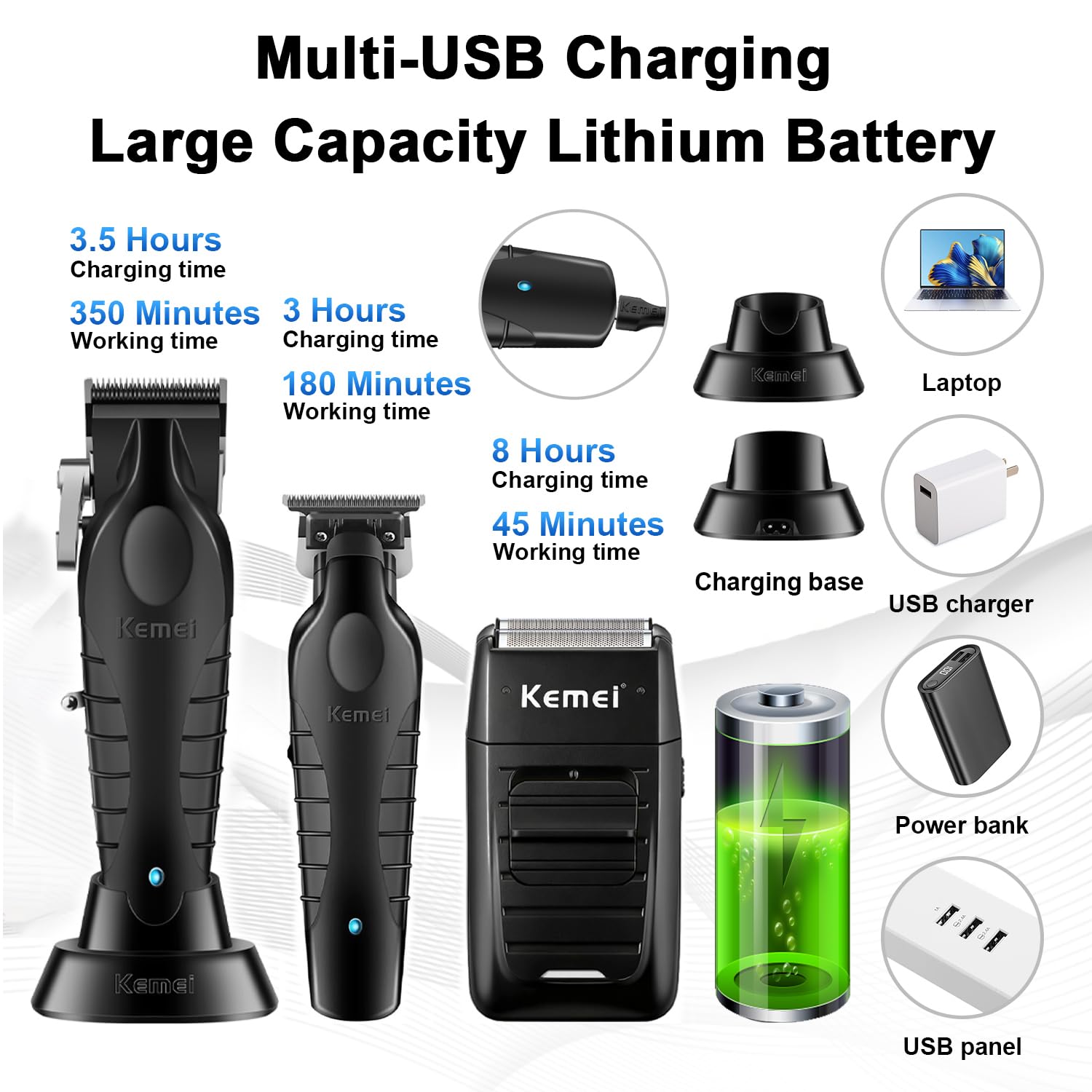 KEMEI Tondeuse à cheveux professionnelle sans fil pour homme, rasoir électrique en aluminium, kit de coupe