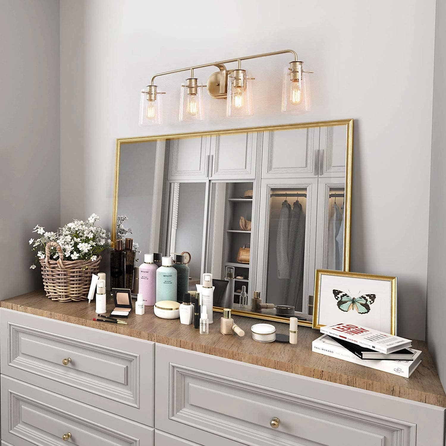 KSANA Vanity Lights, Bathroom Fixtures Over Mirror in Antique Brass Metal Finish with Clear Bubbled Glass Shades, Mid-Century Wall Sconce for Dressing Rooms