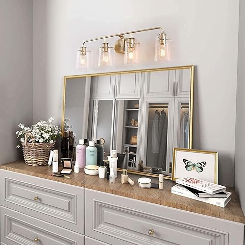 Miniatura 3 de KSANA Lámpara de tocador de baño, 31 pulgadas, lámparas de baño doradas, 4 luces, modernas luces de tocador doradas para baño con pantalla de vidrio