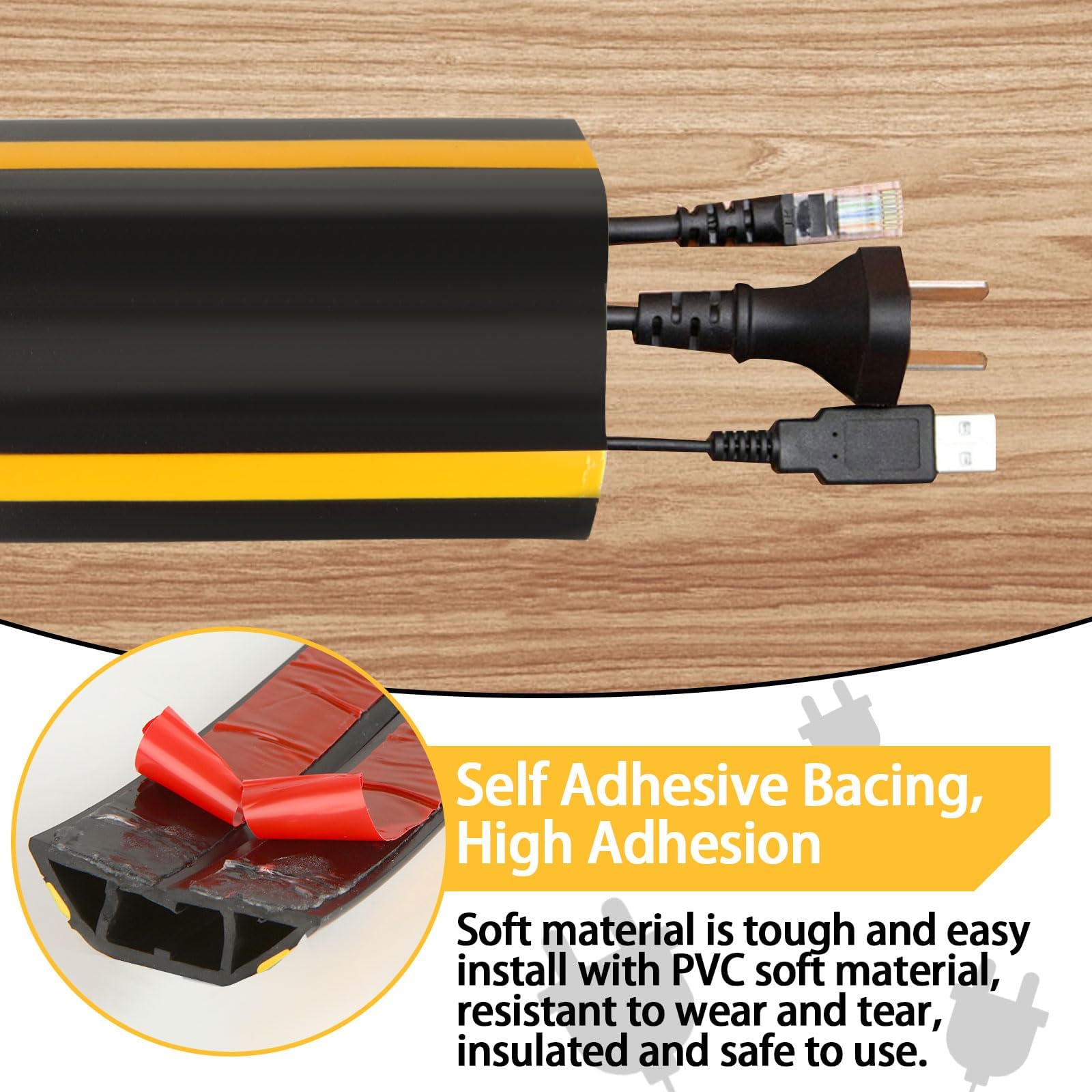 ASelected Passe Câble Sol Adhésif 3M Couvre-câble de Sol, L5CM Cache Cable Sol Protecteur de Câbles de Plancher avec 3 Passages pour Câbles et Fil