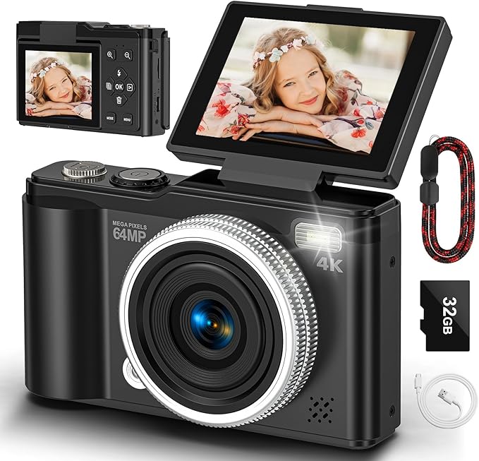 Digital camera, 4K 64MP Compact Digital Camera with Autofocus and Macro Function, 180° flip-up screen portable selfie cameras for photography and video with 32GB Micro SD Card for Beginners Teens