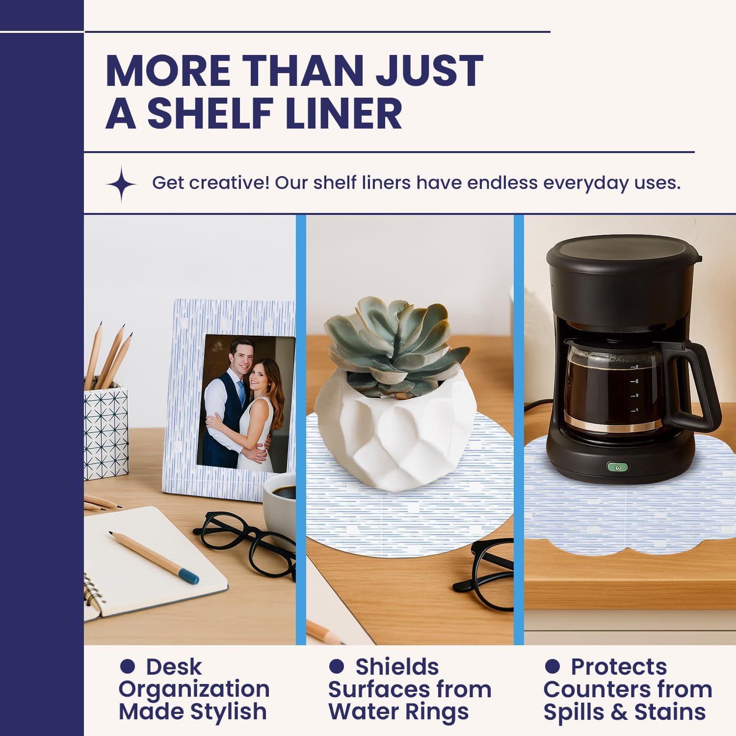 Self Adhesive Shelf Liner (2-Pack, 10.75in x 6ft) — Absorbent Felt Cabinet Liner for Shelves & Kitchen Drawers, Soft Glide Surface with Adjustable, Residue-Free Adhesive (Blue Current)