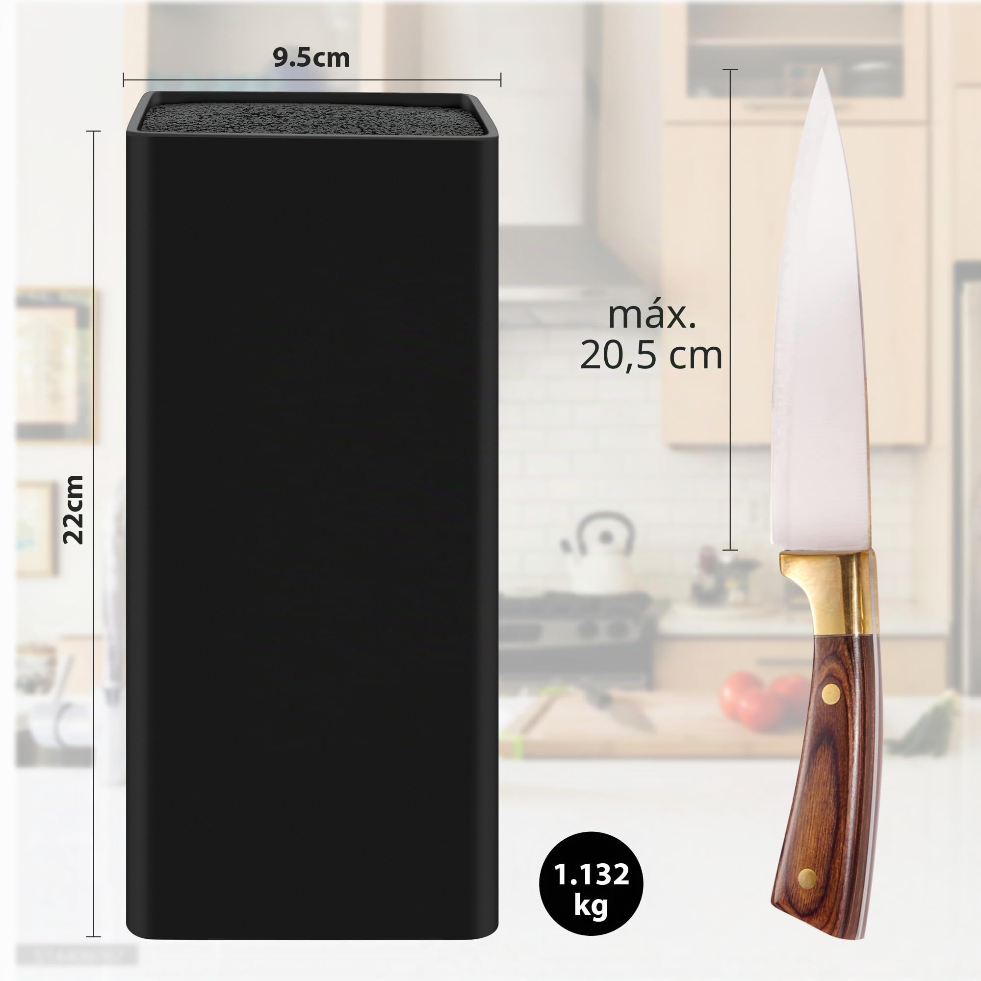 Bloque de Cuchillo sin Cuchillo, Bloque Cuchillos Universal Cuadrado, Porta Cuchillos Cocina Negro con Tiras Flexibles, Taco Cuchillos sin Ensamblar para 6 Cuchillos de Todo Tipo, 22 x 9.5 x 9.5 cm