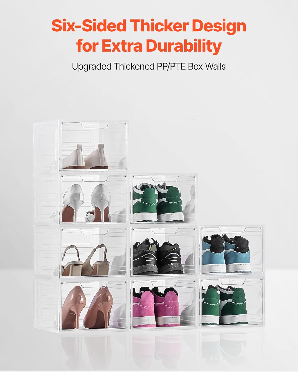 VEVOR Shoe Storage Boxes, 9 Pack Clear Stackable Shoe Boxes Storage Organizers with Magnetic Door, Fit up to US Size 13, Plastic Sneaker Containers for High Heels, Boots, and Hats, Transparent White