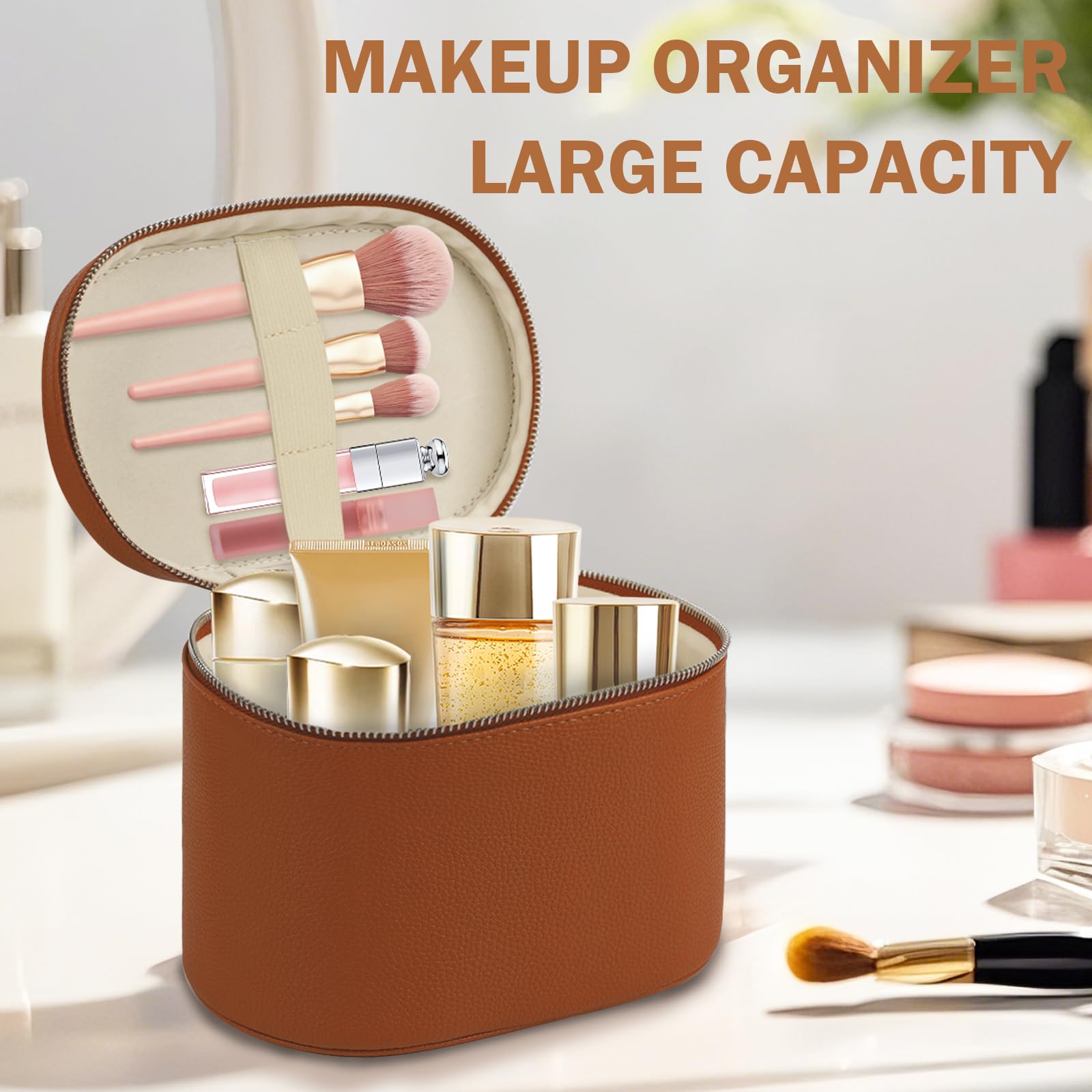 Beauty Case da Donna, Borsa per Trucco per Donne, Organizer con Divisore Rimovibile, Beauty Case da Viaggio in pelle per Cosmetici con Guscio Rigido, Organizer per Trucchi, Regalo Donna(Marrone)