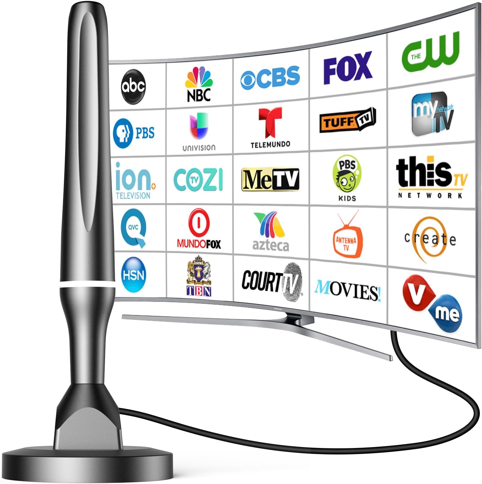 HDTV Antenna for Smart TV, 2024 Newest Antenna for Smart TV without Cable, Indoor TV Antenna with Strong Magnetic Base for Easy Installation, Support 4K 1080p VHF/UHF/DAB Radio and All TVs