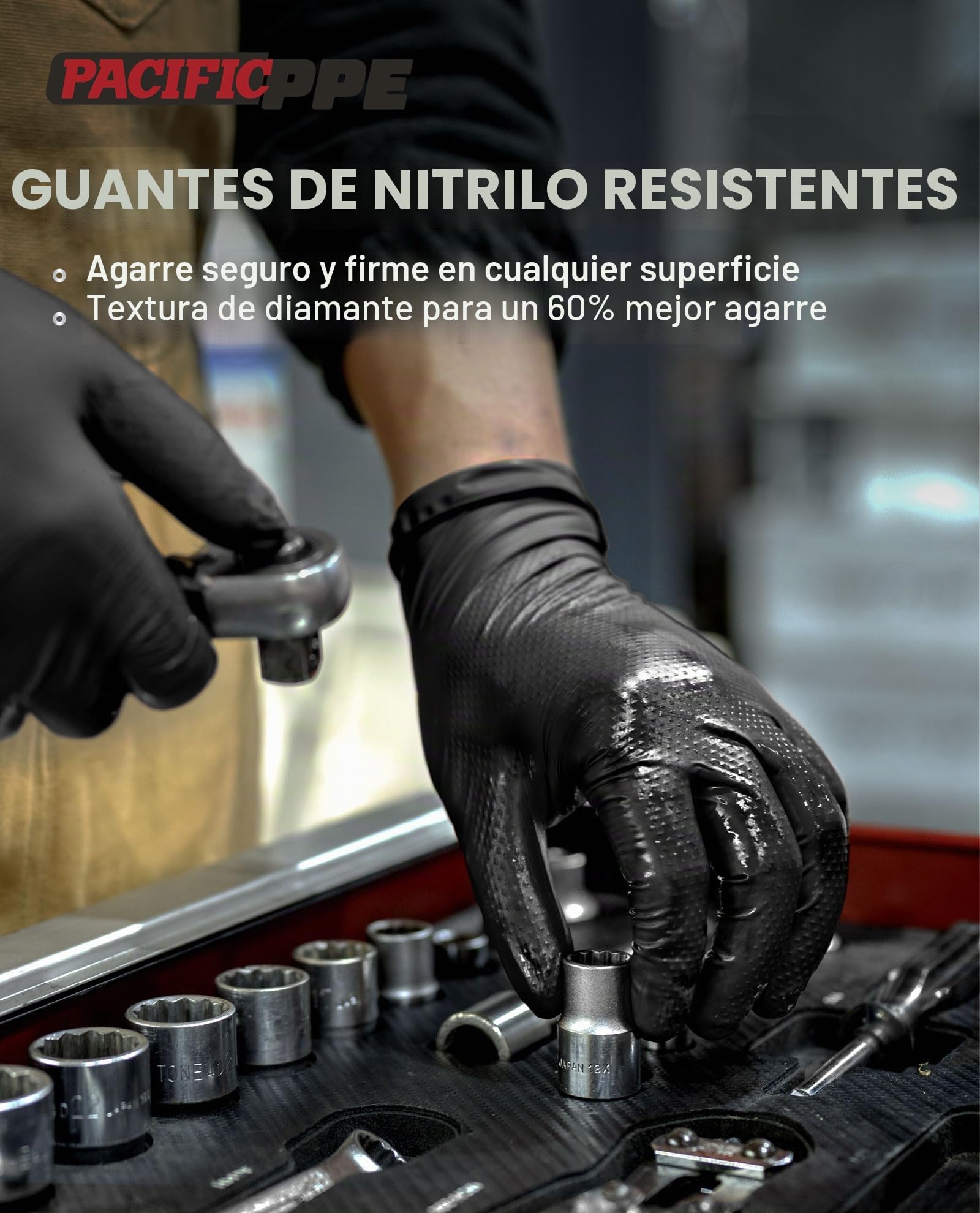 PACIFIC PPE - Guantes de nitrilo negro de 8 mil de alta resistencia, resistentes a los químicos, aptos para alimentos, sin látex, guantes desechables para mecánico, cocina y limpieza, grande