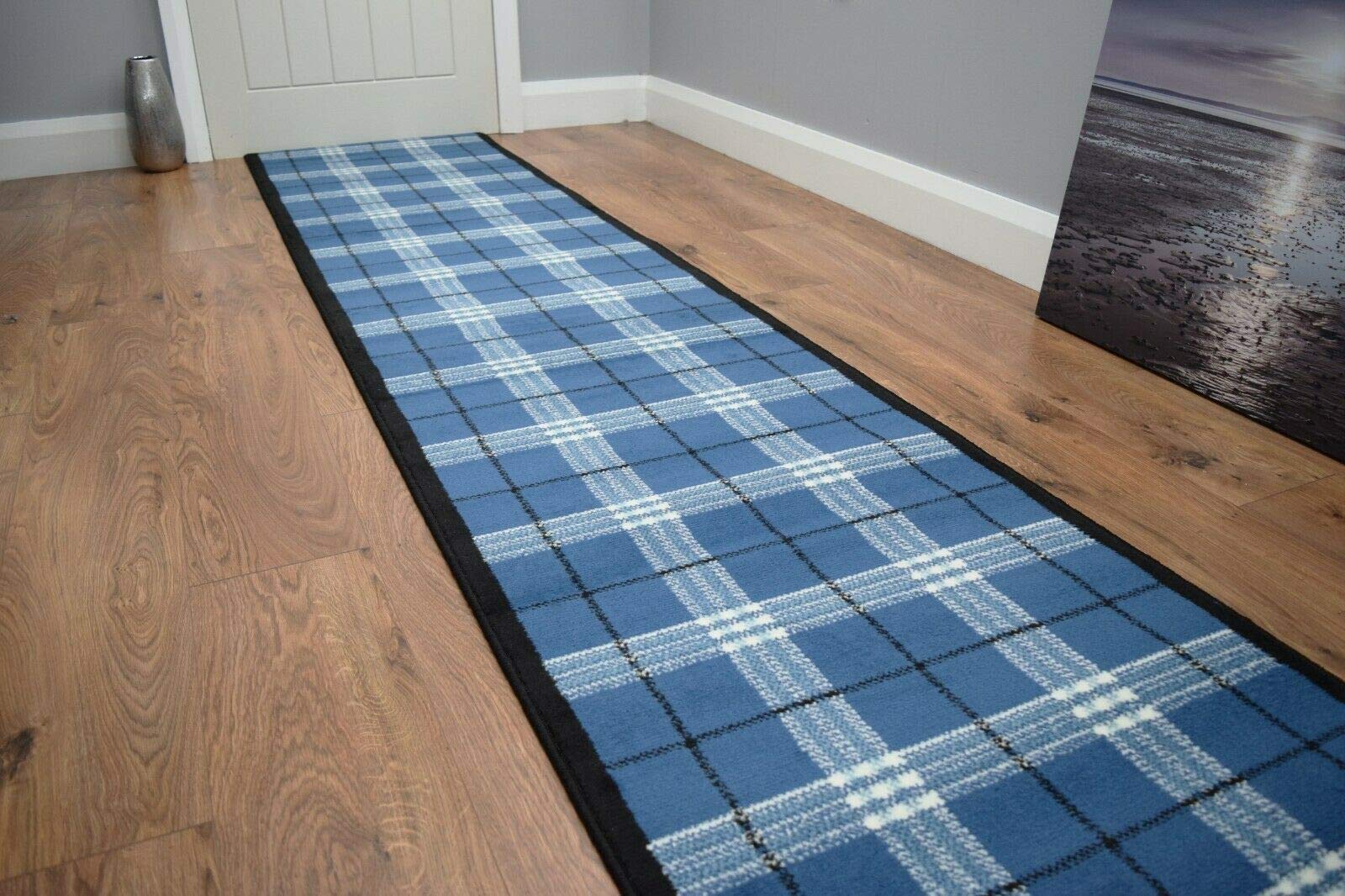 SrS Rugs® Luna Collection, Modern Long Carpet Runner Rug for Entrance Hall and Stairs. Smooth Soft 8mm Depth Pile. 70cm Wide. Any Length (Tartan Blue, Length: 3' (91cm)) — image 1
