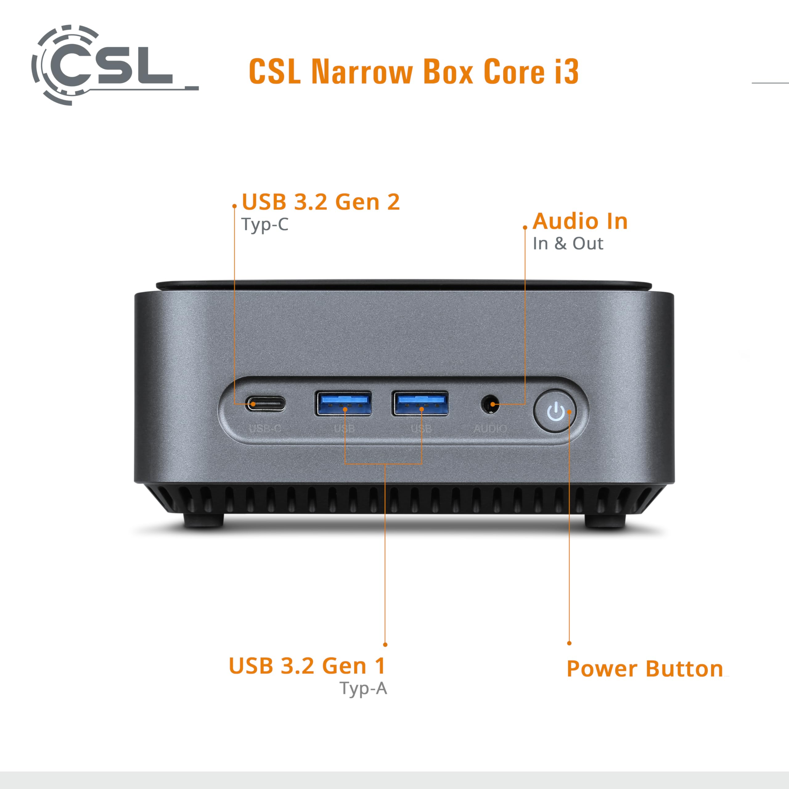 Mini PC CSL Narrow Box Core i3 Windows 11 Pro, Intel Core i3-N305 8X 3800MHz Turbo Clock, 2000GB M.2 SSD, 32GB DDR4-RAM, Intel UHD Graphics, HDMI 2, USB 3.2, BT 5.2, DisplayPort, Dual WLAN