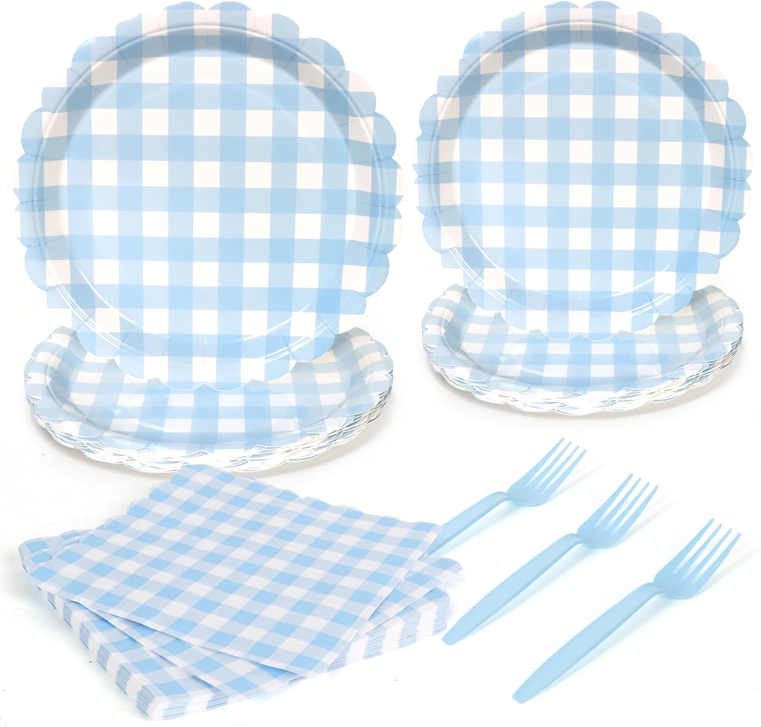 96Pcs Blue Gingham Plates and Napkins Forks Lace Plaid Paper Plates for 24 Guest Picnic Wedding Baby Shower Tea Kids Birthday Party Supplies Decrations