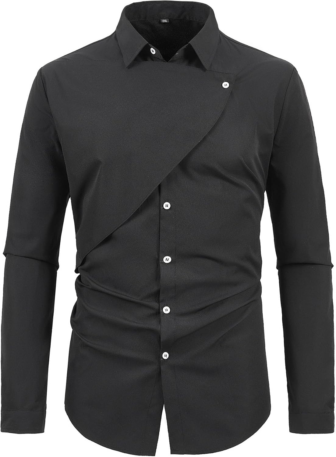 DGHM-JLMY Men's Double-Breasted Fake Two-Piece Everted Placket Shirt Solid Personality British Style Fake 2 Piece Shirts (Black,Medium)