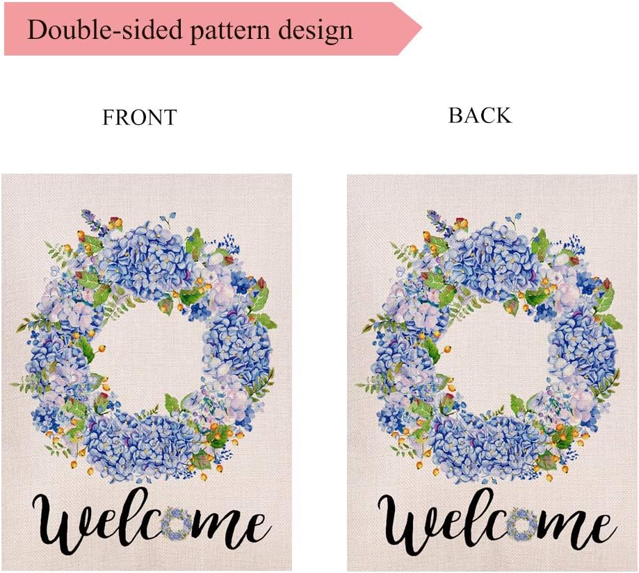 Welcome Blue Hydrangea and Berries Wreath Small Garden Flag Vertical Double Sided 12 x 18 Inch Summer Burlap Yard Décor - Image 3