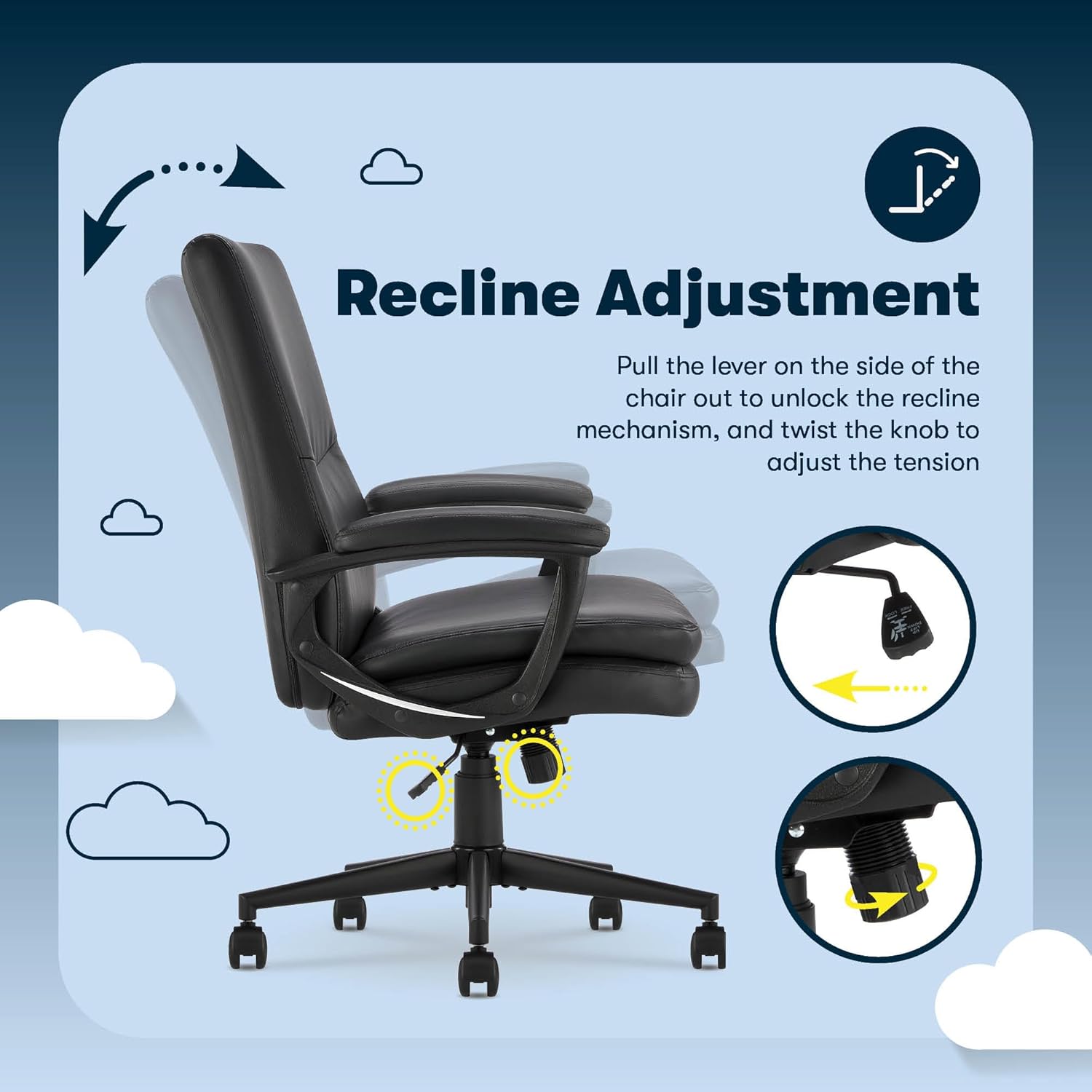 Serta Comfort Modern Executive Office Chair, Ergonomic Mid-Back Computer DeskChair, Semi Plush Cushion Seat, Double-Layer SertaQuality Foam, Padded Armrests, Metal Swivel Base, Bonded Leather, Black