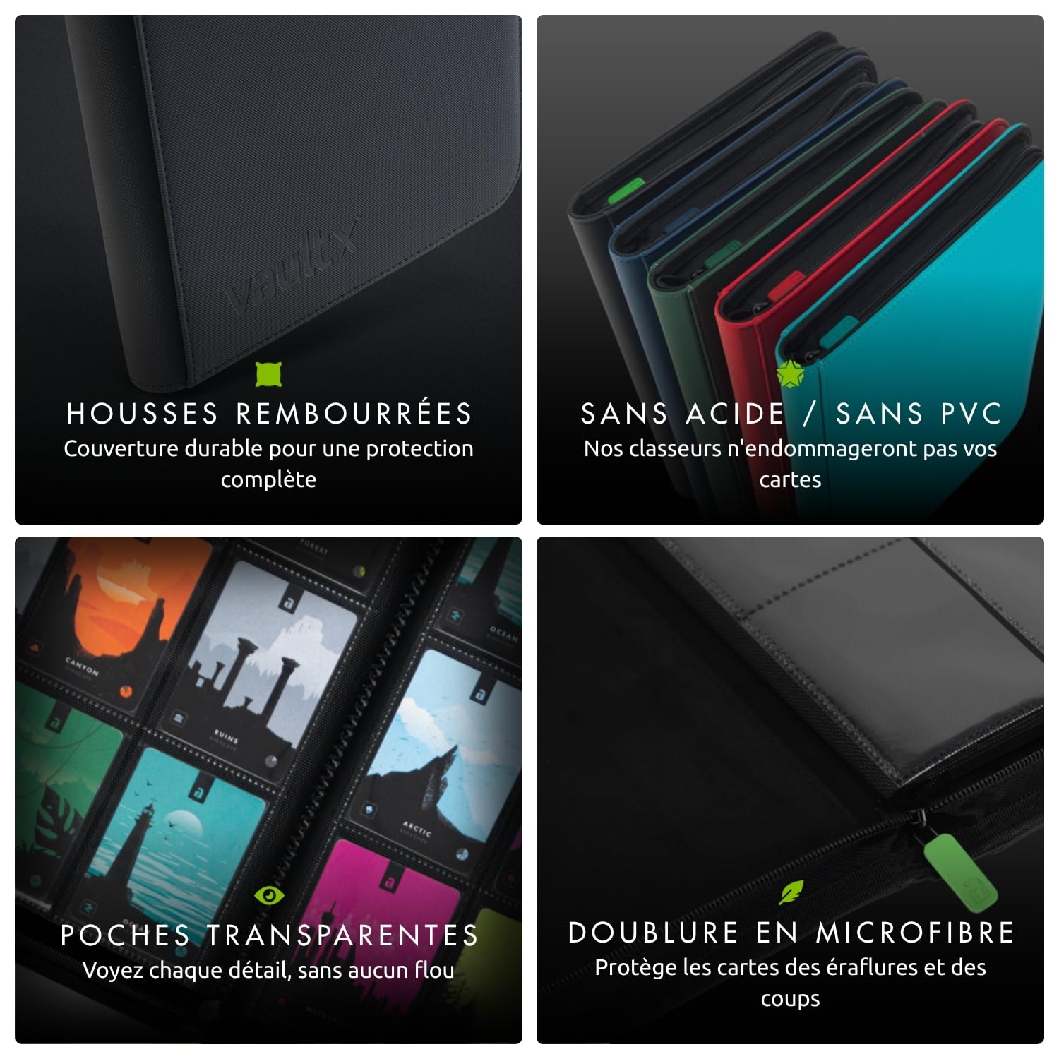 Vault X Classeur pour cartes de collection à 4 poches avec fermeture éclair, 160 cartes, matériel Exo-Tec pour album, 20 pages à chargement latéral, TCG (Noir)