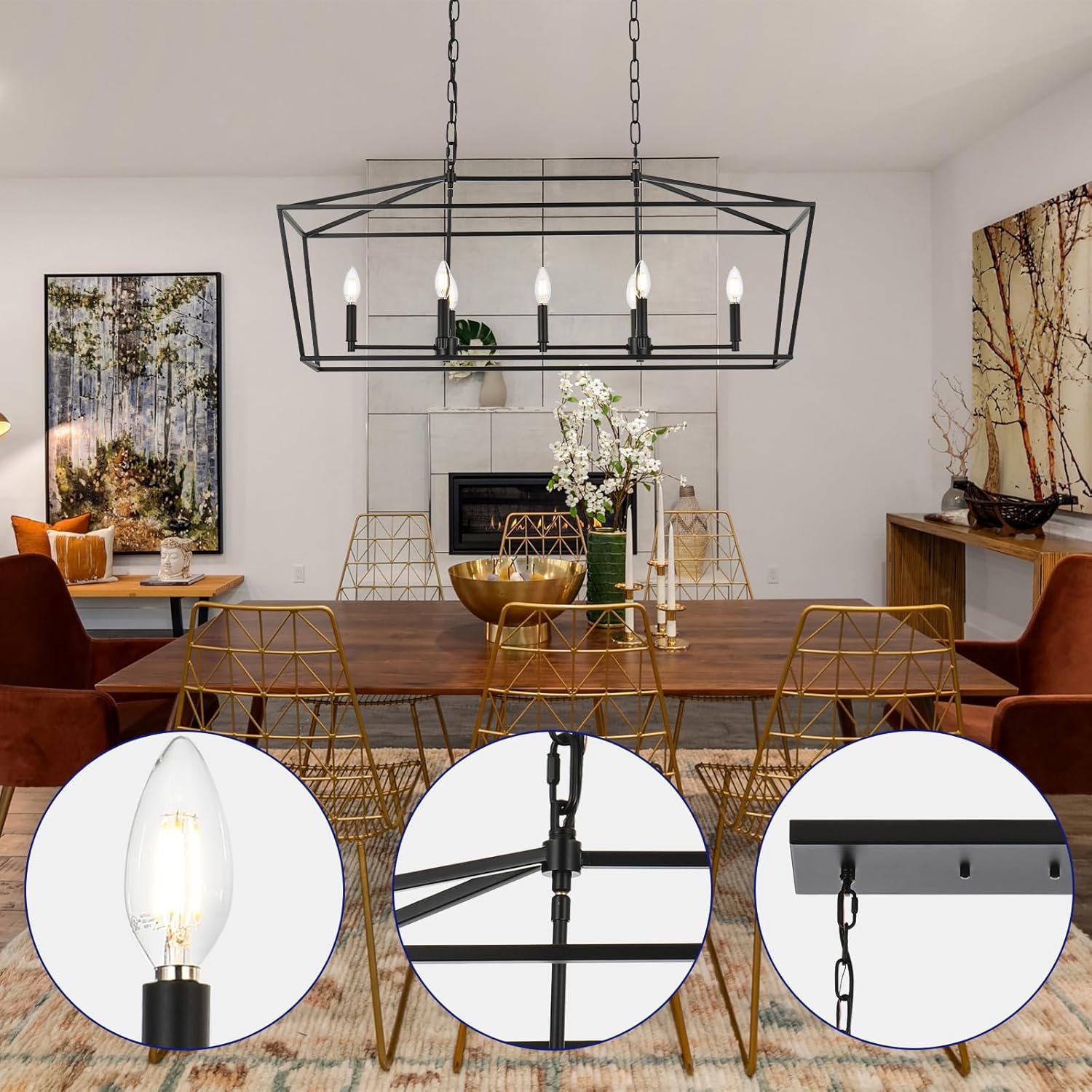 Lantern Island Light 7-Light Black Chandelier Dining Room Light Fixtures Over Table Rectangle Kitchen Island Chandeliers Modern Hanging Light Fixture