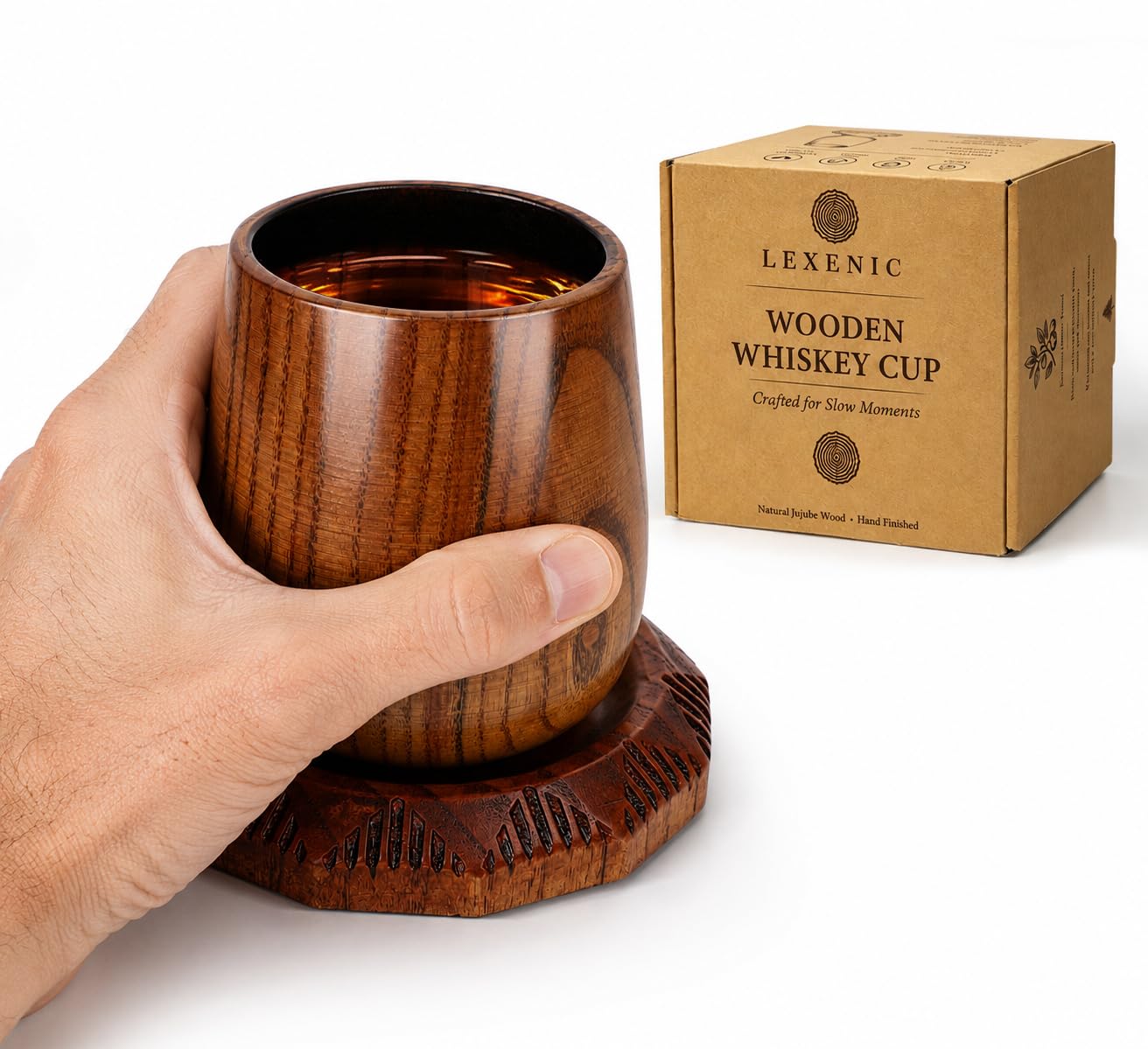 Lexenic Handcrafted Jujube Wood Whiskey Glass with Coaster Set-J