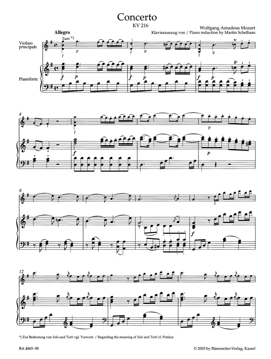 Konzert für Violine und Orchester Nr. 3 G-Dur KV 216. BÄRENREITER URTEXT. Klavierauszug, Stimme, Urtextausgabe