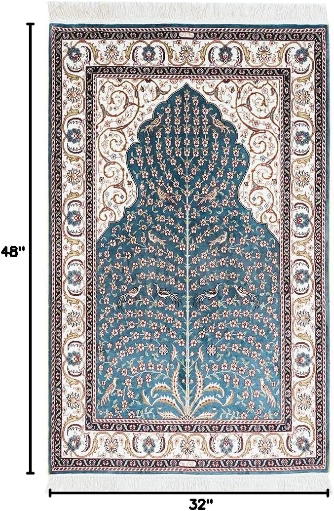 TIANJIANG Carpet 2.7x4ft Small Silk Hand Knotted Carpets Prayer Rug(Blue)