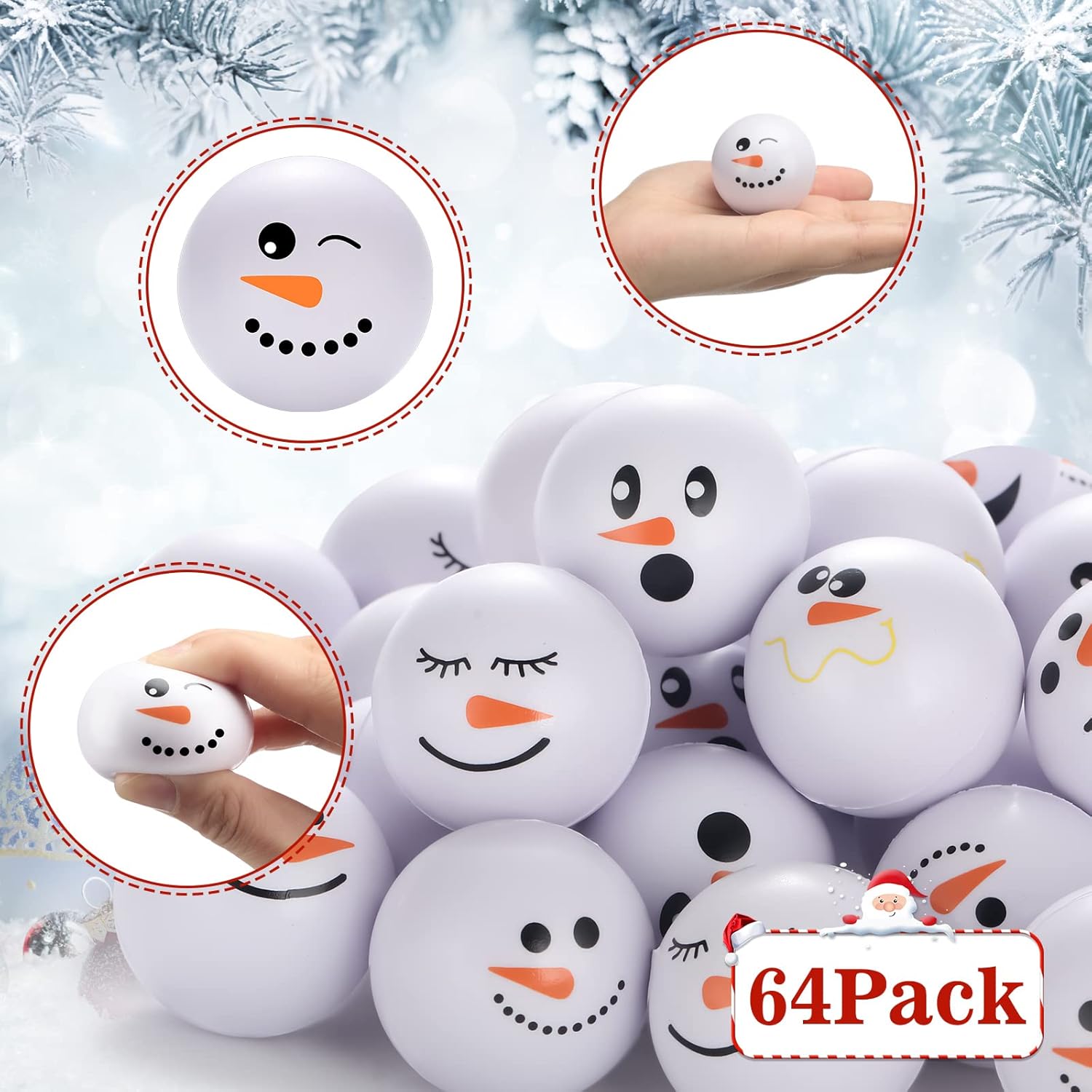 Zhanmai 64 Pcs Winter Snowmen Stress Balls Bulk Small Snowball Face Toys Relief Squeeze Sets for Winter Party Gifts Goodie Bag Fillers Holiday Decorations (1.6 Inch)
