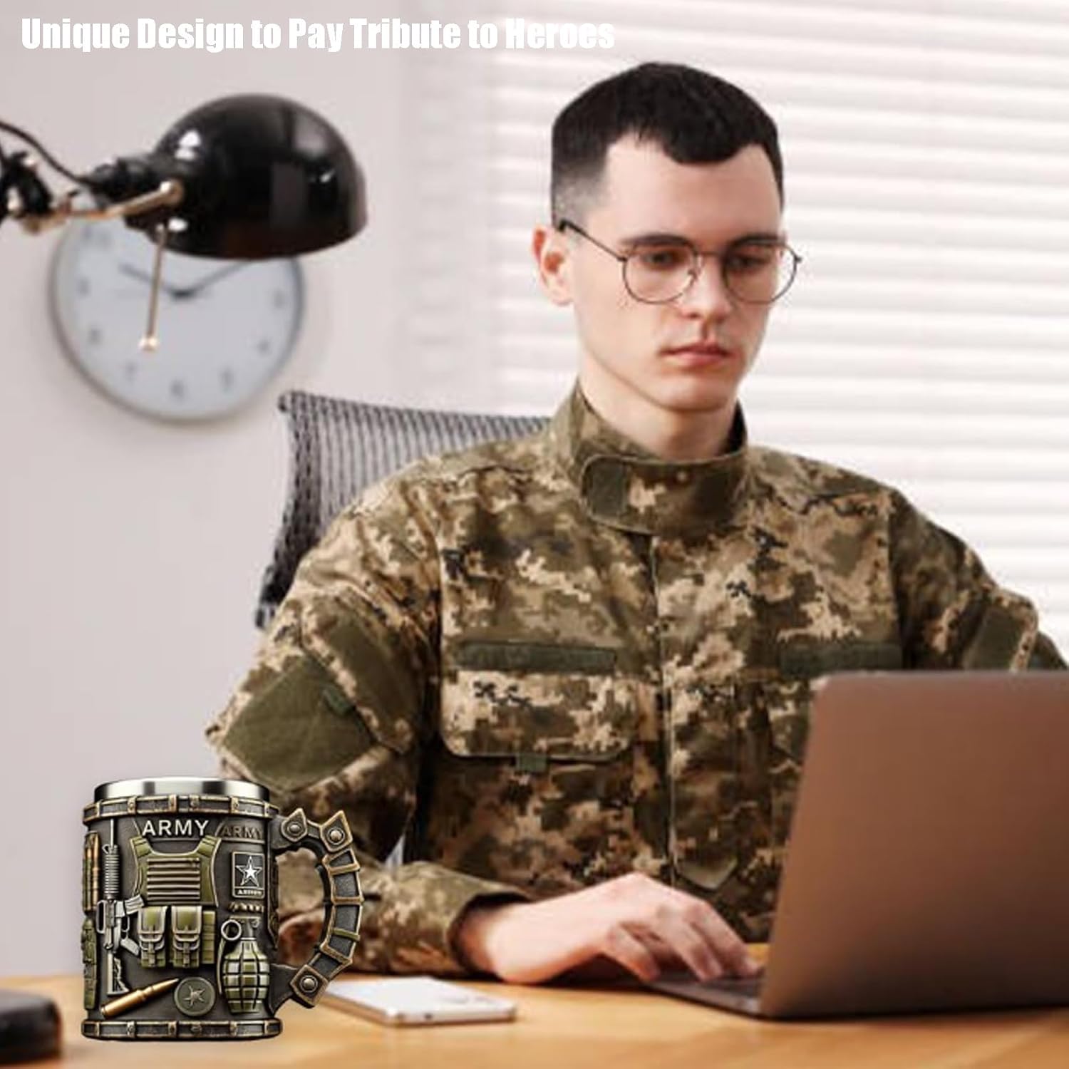 Military 3D Mug, Handmade Army Themed Coffee Mug with Stainless Steel Liner, Beautiful Army Style Tankard for Men & Soldiers, Unique Veteran Tribute Gift,10 Oz, Resin & Metal (Style-C)
