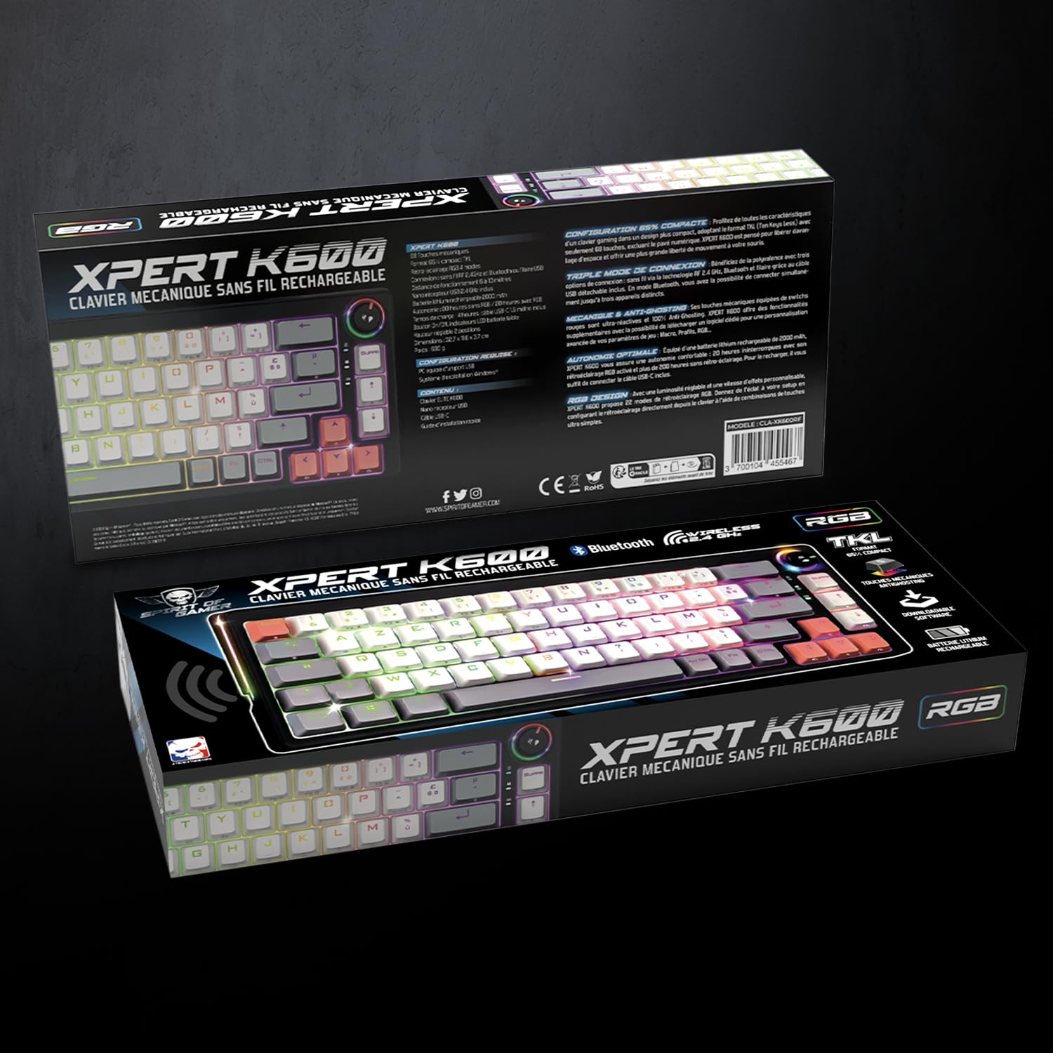 Spirit Of Gamer - XPERT K600, Clavier Gamer TKL sans Fil 65% Mécanique AZERTY, Switchs Rouges, Bluetooth, RF 2.4 GHz et Filaire USB, RGB 22 Modes, Anti-Ghosting 100%, Autonomie 200 Heures, Noir
