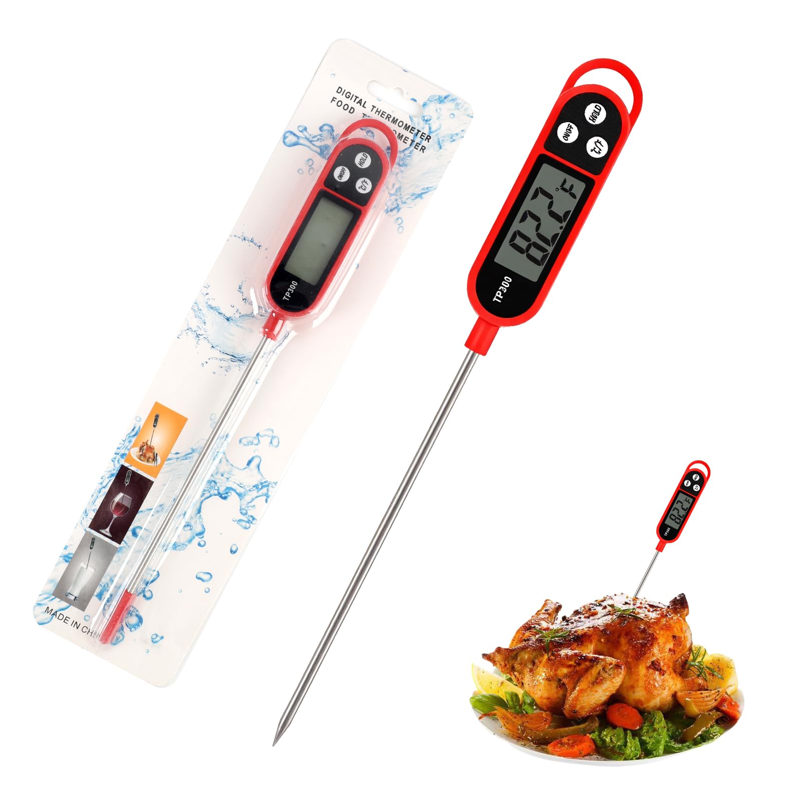Digitales Küchenthermometer mit langer Sonde, sofortiges Lebensmittelthermometer mit LCD-Display, Messbereich -50 °C bis 300 °C, schnelle Ablesung 3 – 5 s, Hold-Funktion °C/°F, für Fleisch, BBQ