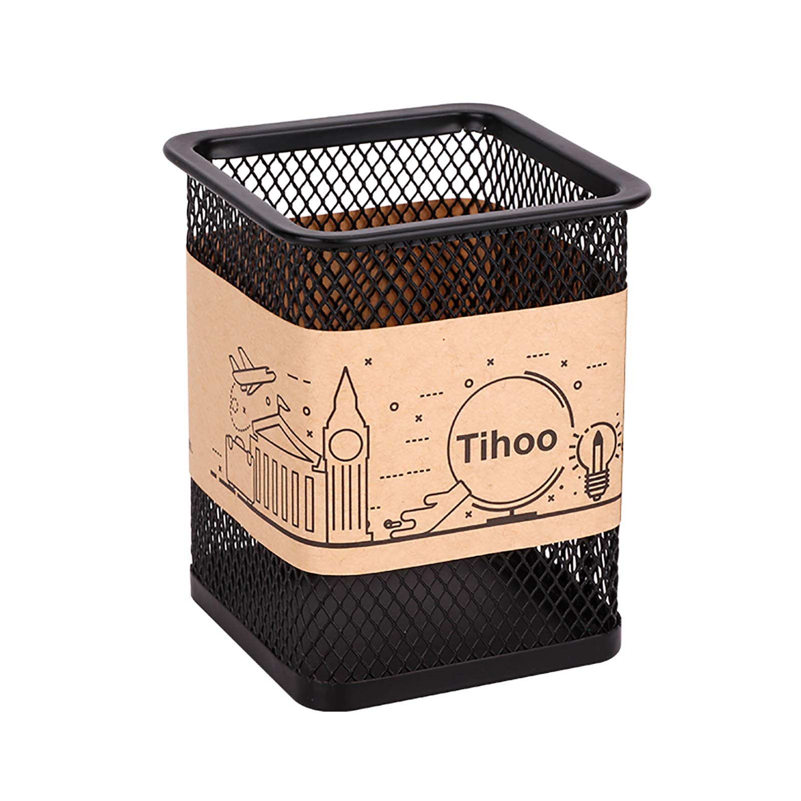 Tihoo Black Pencil Pot, Square Wire Mesh Pen Cup Organizer Stand, Metal Pencil holder for Office desk, Simple Modern Design