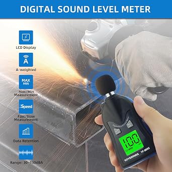 Handheld Decibel Meter, Digital Sound Level Meter 30-130dBA SPL Decibel Monitoring Tester Sound Meter Noise Decibel Reader with Max/Min Hold Data Sensor LCD Backlight Display for Home Factory