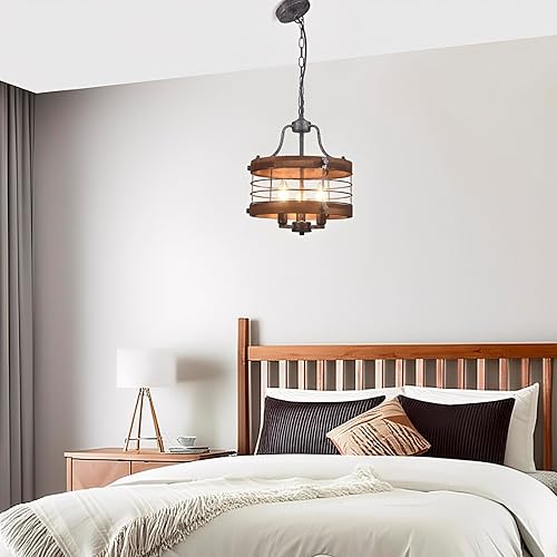 Miniatura 8 de Lámpara de techo vintage de madera estilo granja, 3 luces circulares modernas de metal y madera, lámpara colgante de tambor rústico con cadena