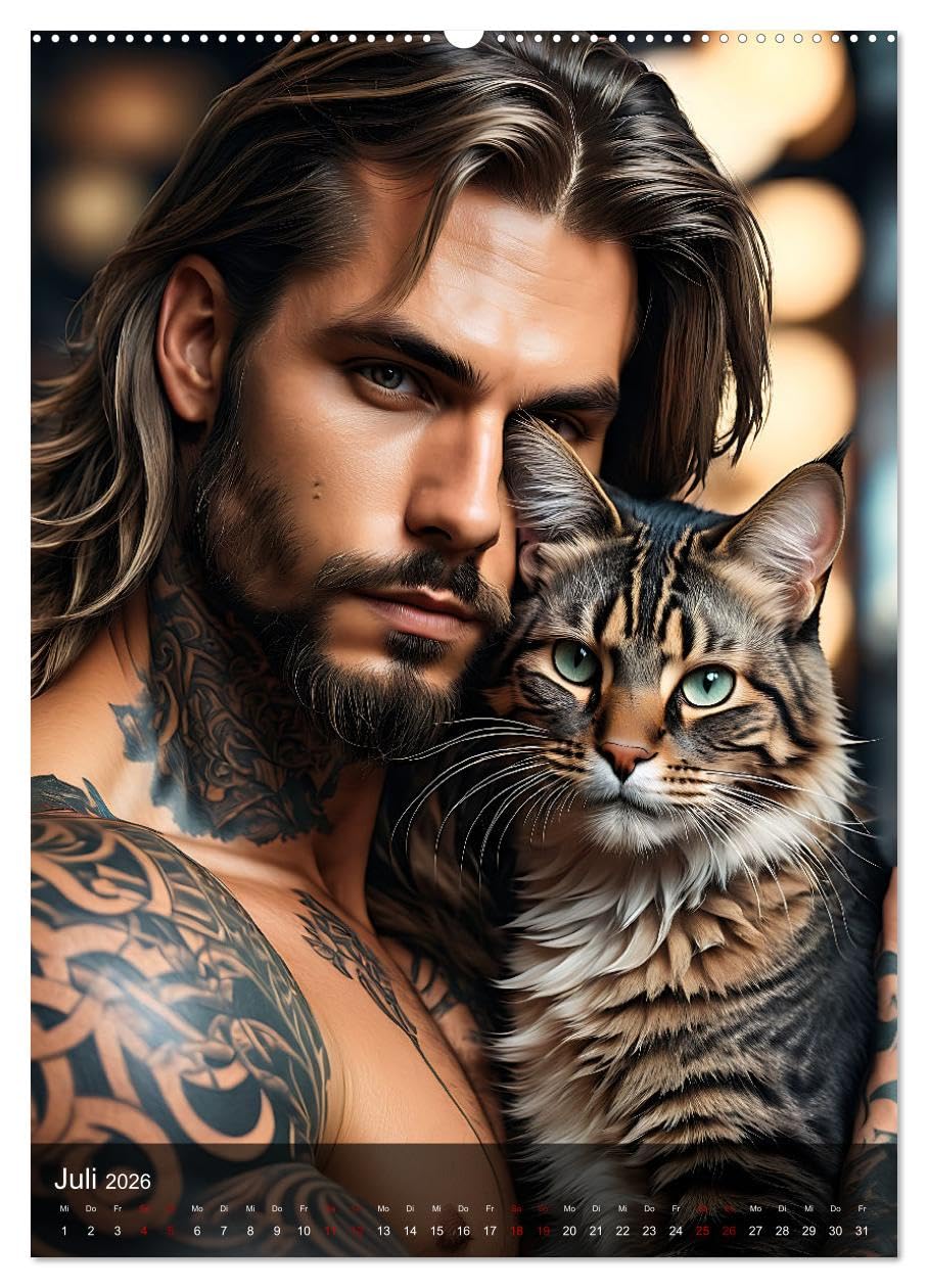 Verschmuste Kerle - Muskeln, Tattoos und Miezekatzen (hochwertiger Premium Wandkalender 2026 DIN A2 hoch), Kunstdruck in Hochglanz: Charmante Bilder ... unwiderstehlichen Samtpfoten (CALVENDO Tiere)