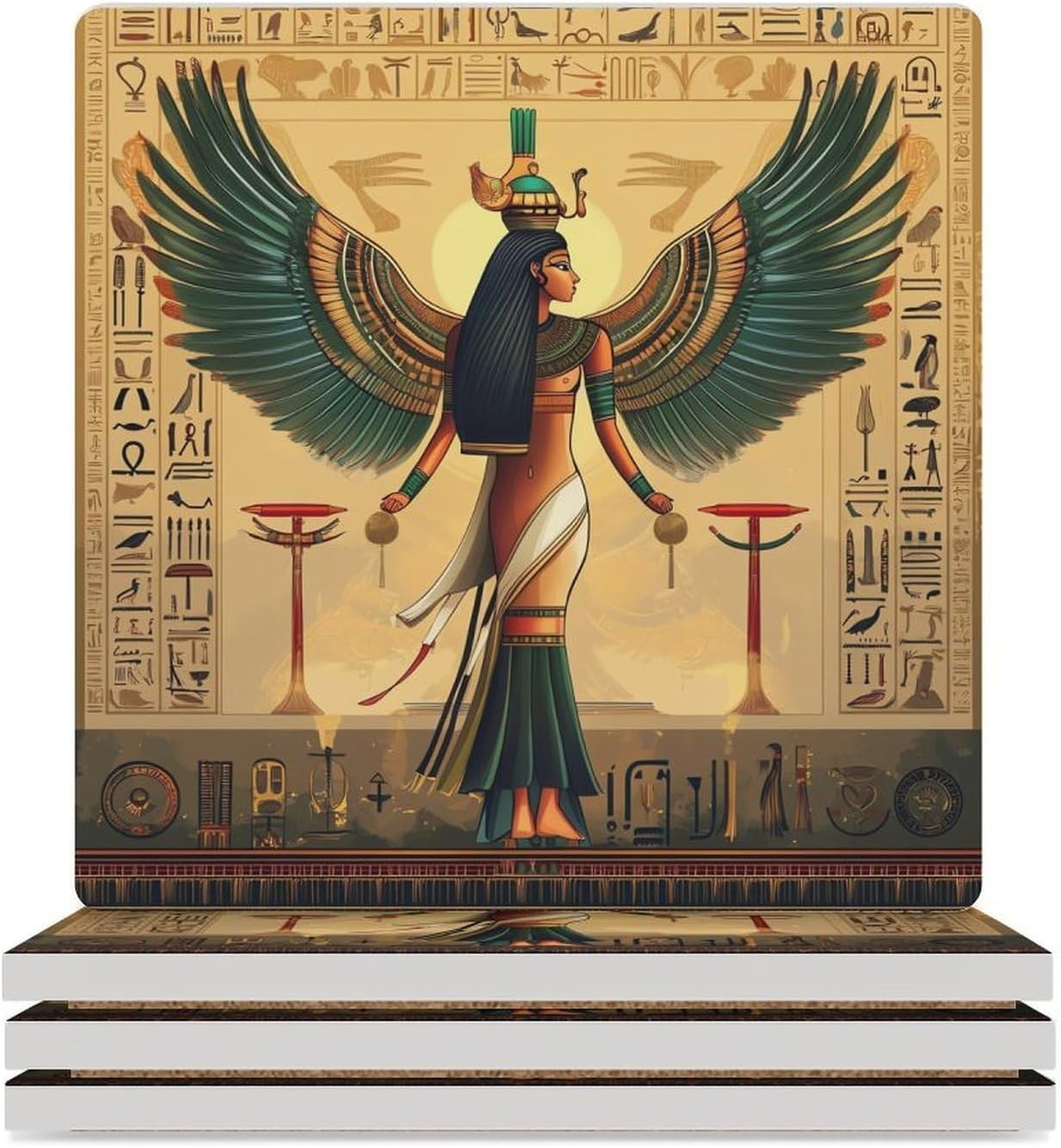 Egypt Old Egyptian Wings Tribal Ceramic Coasters Set Square Drink Coasters Table Coaster for Kitchen Desktop Decor