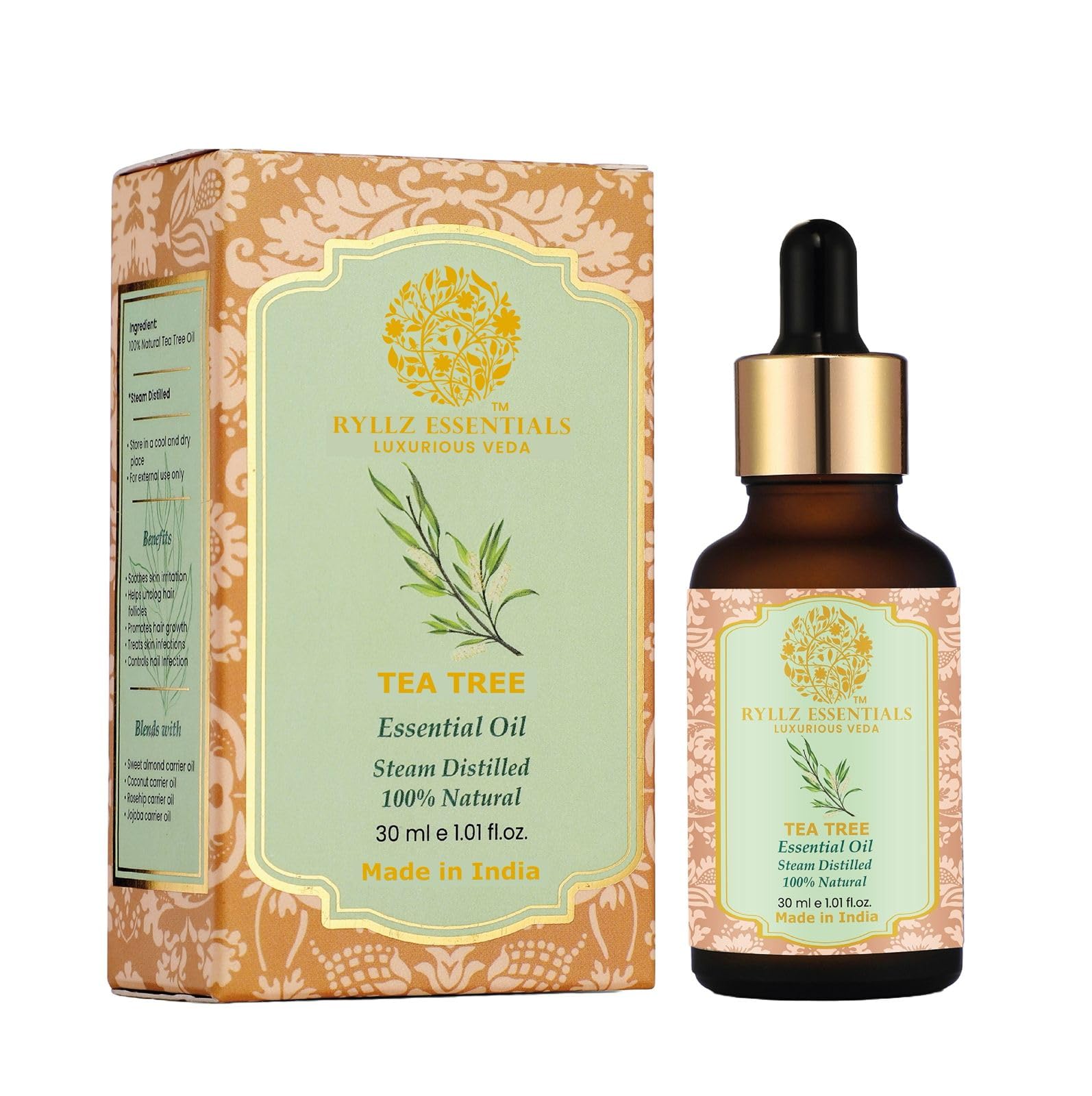 RYLLZ ESSENTIALS Tea Tree Essential Oil 30ml | For Hair Care, Skin Care, Pimple, Anti Dandruff, Hair Shine, Oral Care, Foot Care, Pimples, Acne & Dandruff | Melaleuca Alternifolia | 100% Pure & Natural | Undiluted & Steam Distilled | 30ml