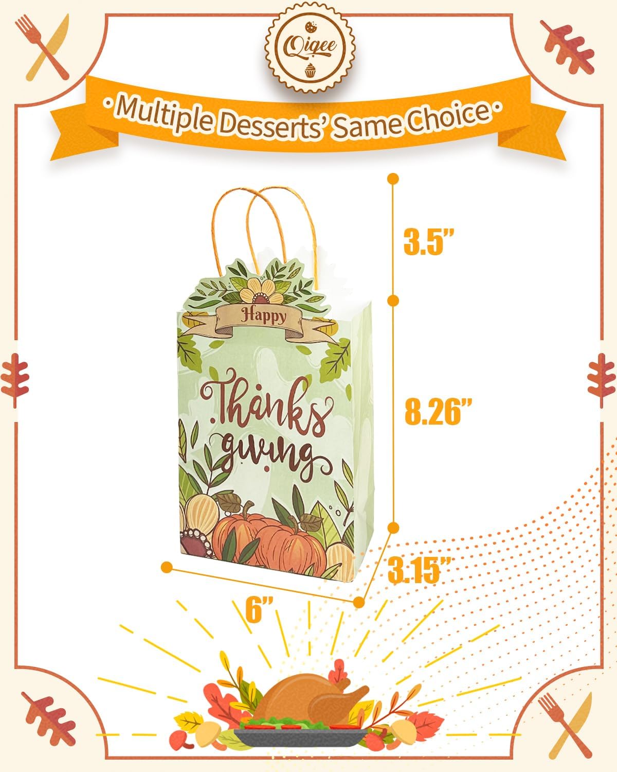 qiqee Thanksgiving Paper Gift Bags with Handles Bulk Small Pumpkin Treat Bags Fall Autumn Kraft Paper for Holiday Wedding Birthday Party Supplies (48PCS 6.1"×9.8"×3.1")