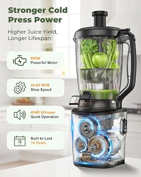 Cold Press Juicer 2026 Upgrade, 6.5 Wide Feed Chute Masticating Juicer, 2.95L Large Capacity Slow Juicer for Whole Fruits & Vegetables, High Juice Yield, Easy Clean, BPA Free for Family