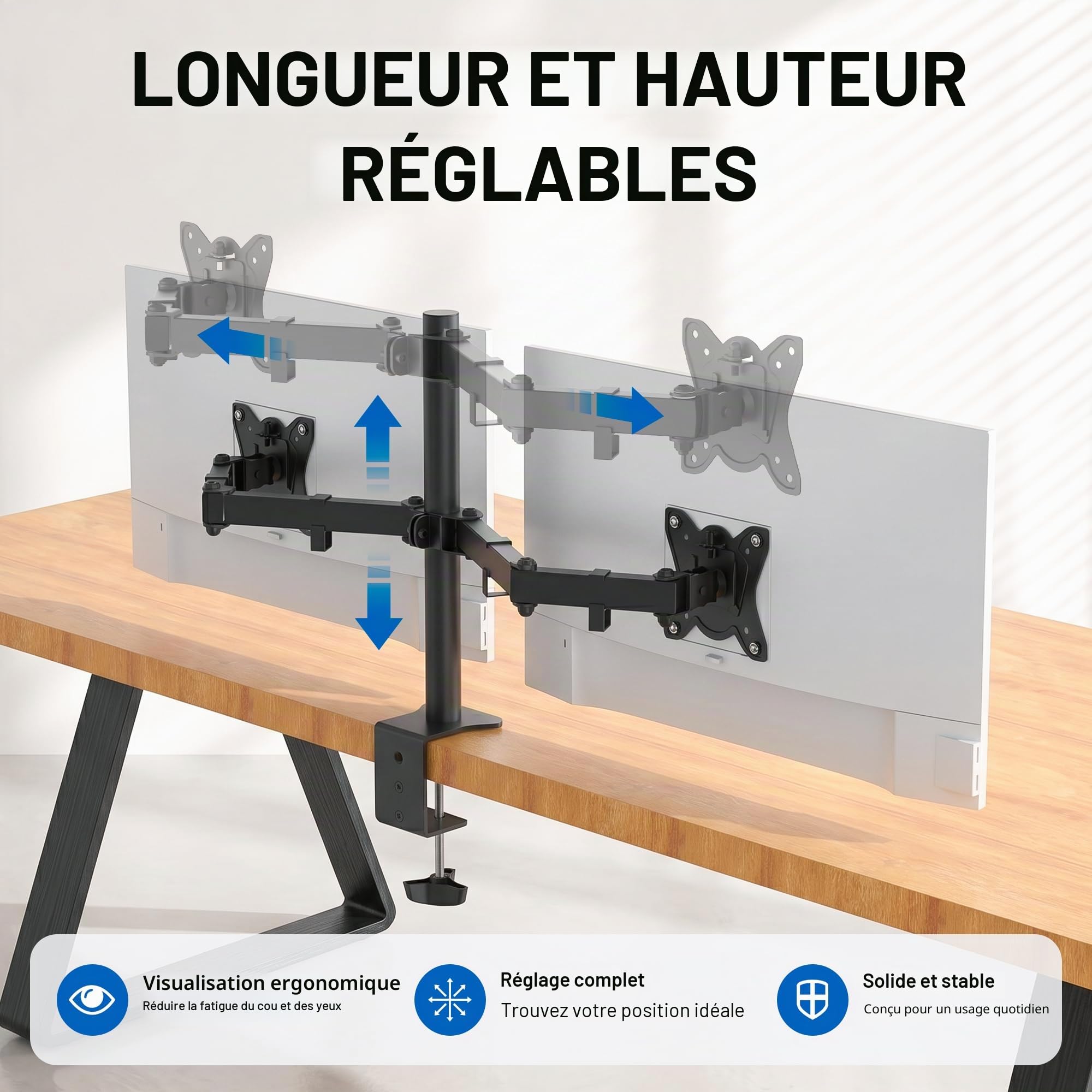 Bras Ecran PC VESA 75x100 360° Rotation ±90° Inclinable Hauteur Réglable 9KG Noir GRIFEMA GB2001-2