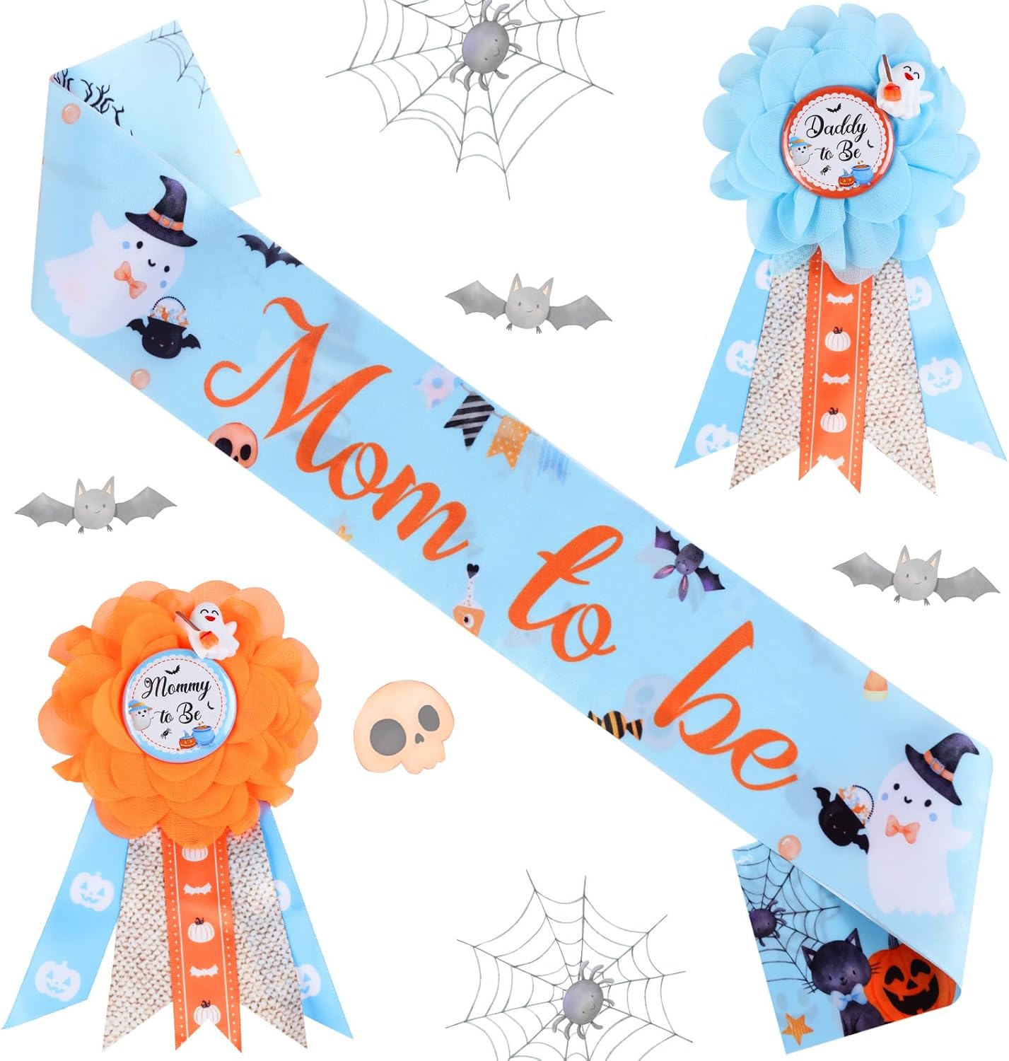 Halloween Baby Shower Decorations - Mom to Be Dad to Be Corsage Pins, Mom to Be Sash for Halloween Baby Shower Party Favors, Spooky Theme Party Supplies