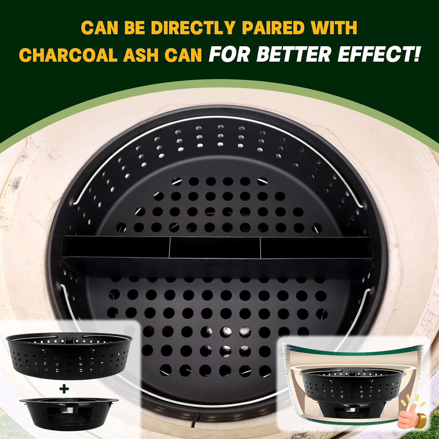 KAMaster Charcoal Basket for XLarge Green Egg with Divider,Heavy Duty Carbon Steel Fire Bowl with Removeable Water Reservoir Compatible with XLarge Green Egg,Charcoal Ash Basket with Foldable Handle